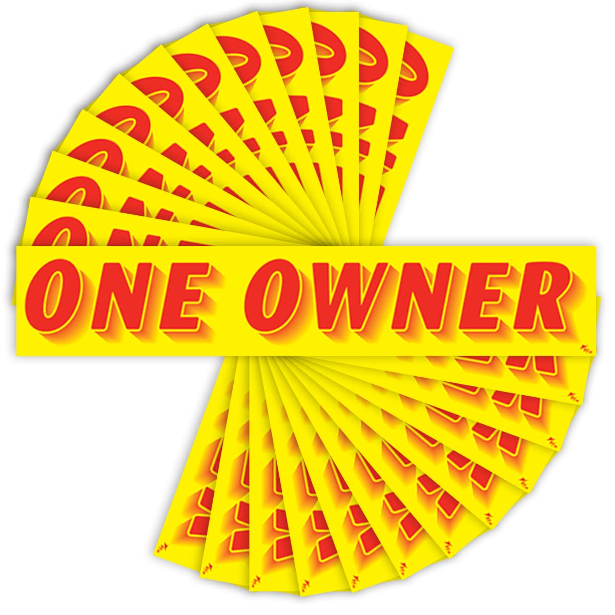 Versa Tags Dealership Stickers - 12 Pack One Owner Decals for Car Windshields, Auto Dealers, RV & Trucks - Red on Yellow Slogan Stickers - Perfect for Used Car Sales & Vehicle Identification
