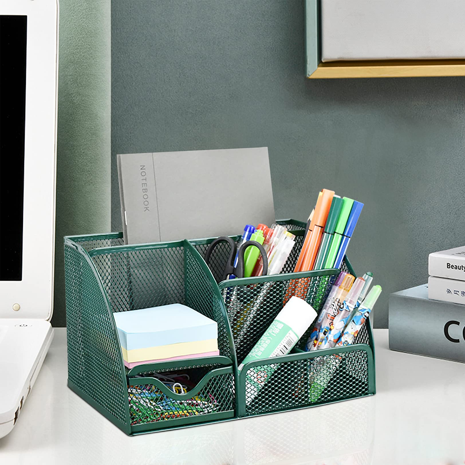 VANRA Metal Mesh Desktop Organizer with 6 Compartments & Drawer - Office & School Supplies Holder - Perfect for Pens, Pencils, Scissors & Stationery Storage (Olive Green) - Ideal for Home Office, Classroom & Workspace Organization