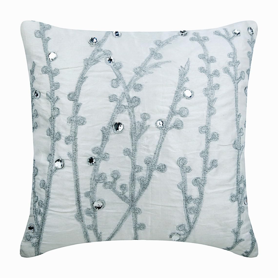 White Silk Decorative Pillow Covers 16x16 Inch (40x40 cm) - Floral Willow & Crystal Design for Sofa, Couch, Bedroom - Luxury Throw Pillow Cases for Living Room Decor & Home Styling