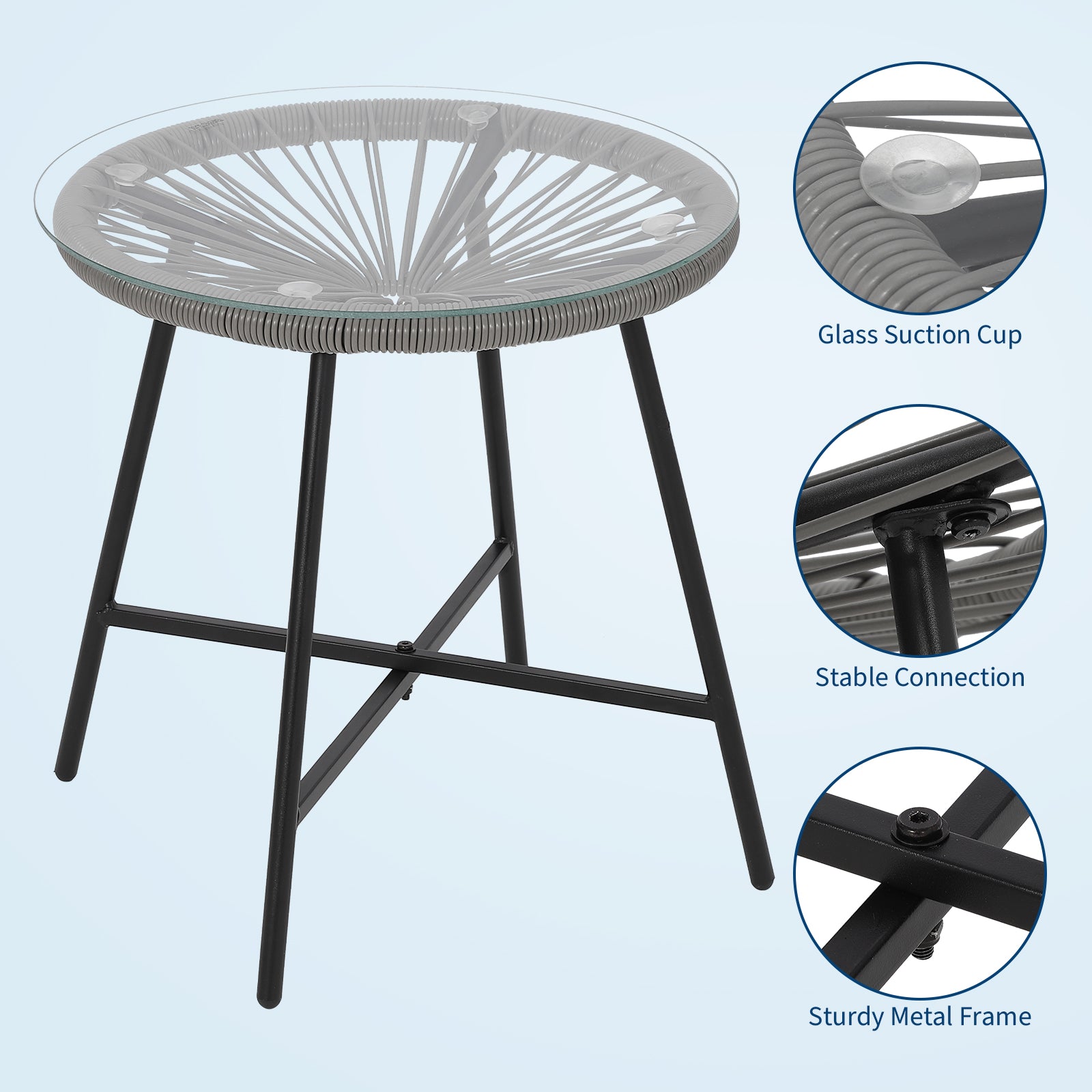 GARVEE 3-Piece Outdoor Patio Furniture Set - Acapulco Woven Rope Chairs with Glass Top Table - All-Weather Bistro Set for Yard, Balcony, Poolside (Grey) - Perfect for Relaxing, Entertaining & Outdoor Dining