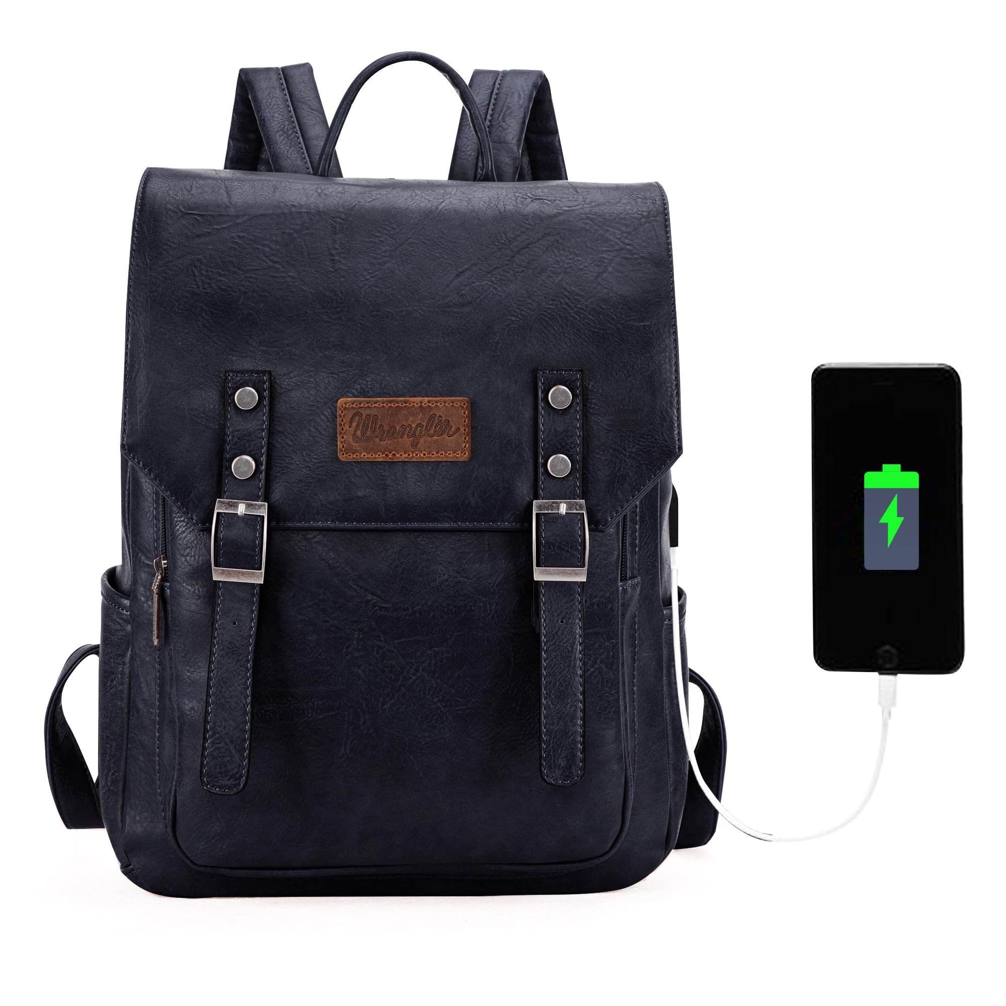 Wrangler Vegan Leather Laptop Backpack for Women & Men - Navy Blue College & Travel Backpack for Work, School, Commuting & Outdoor Adventures