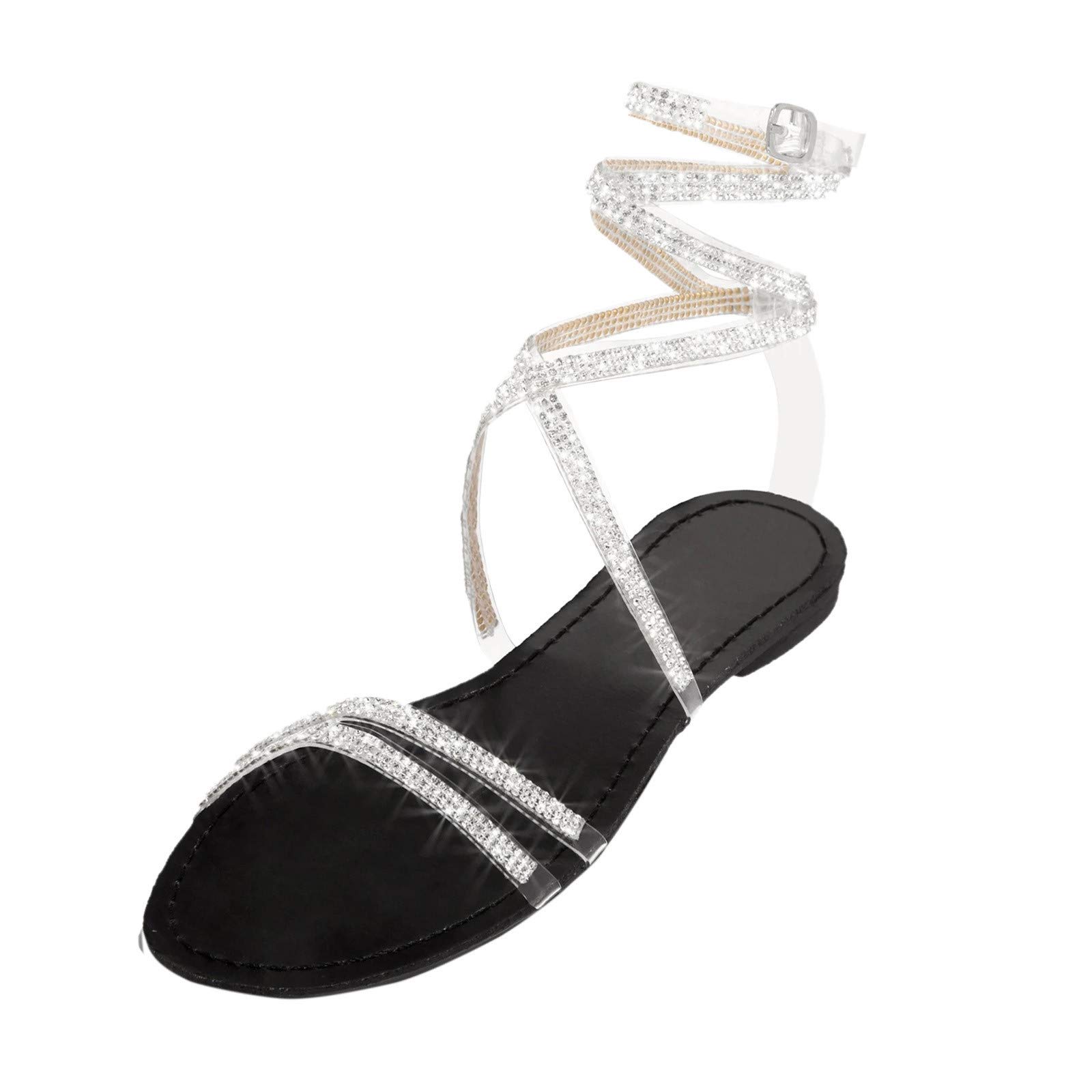 Elegant Women's Strappy Rhinestone Lace-Up Sandals - Open Toe Flat Dressy Summer Sandals for Weddings, Parties & Beach Vacations