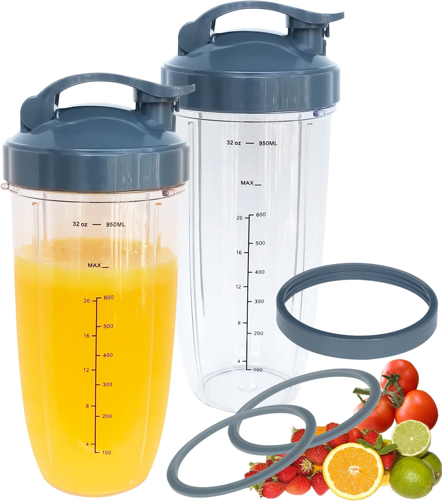 2-Pack 32oz Replacement Blender Cups with Leak-Proof Flip-Top Lids & Rubber Gaskets - Compatible with NutriBullet 600W/900W Blenders - Perfect for Smoothies, Protein Shakes & Meal Prep On-The-Go