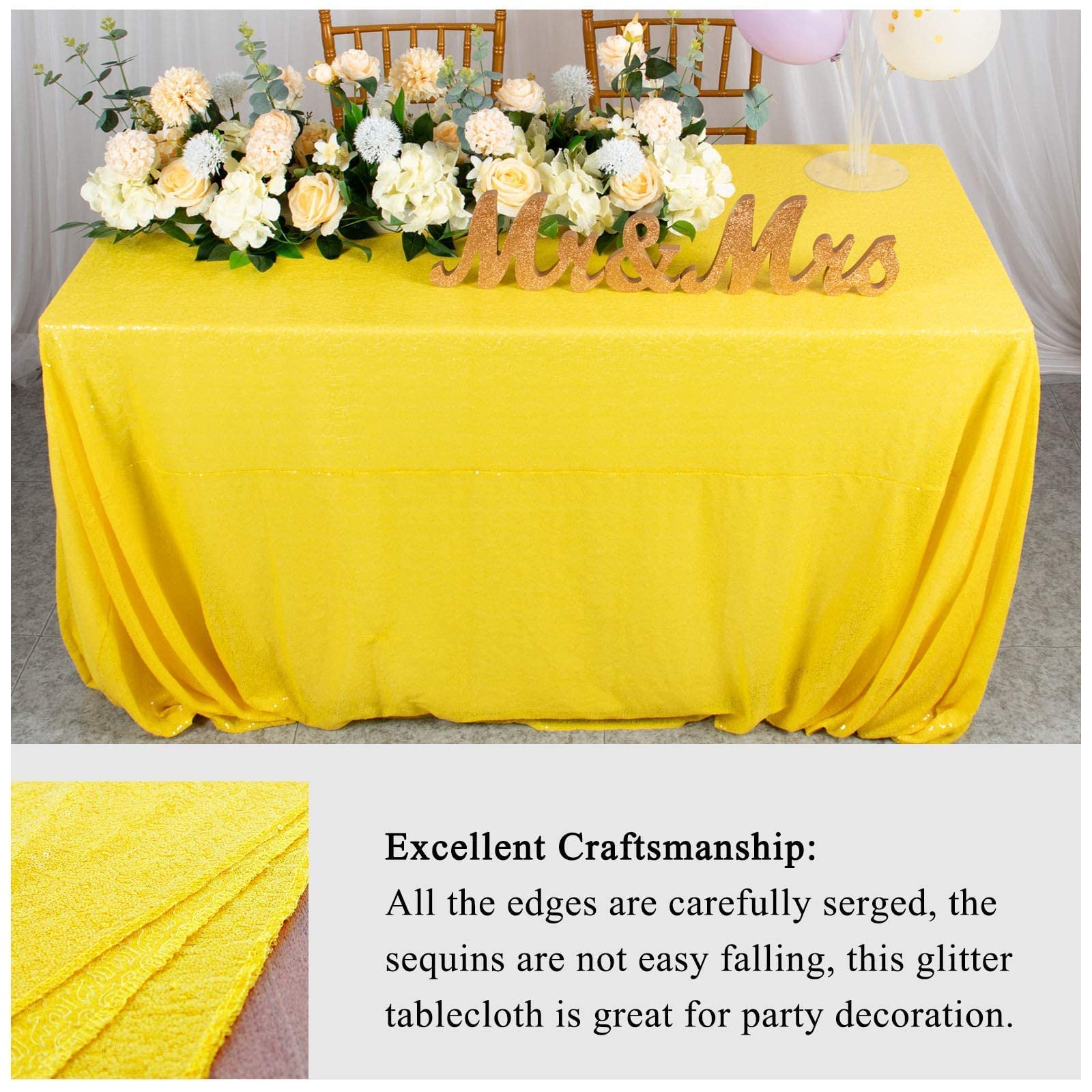 AMZLOKAE Yellow Rectangle Sequin Tablecloth 90x132 - Sparkling Wedding & Party Table Cover, Elegant Dining Room Decor for Special Occasions