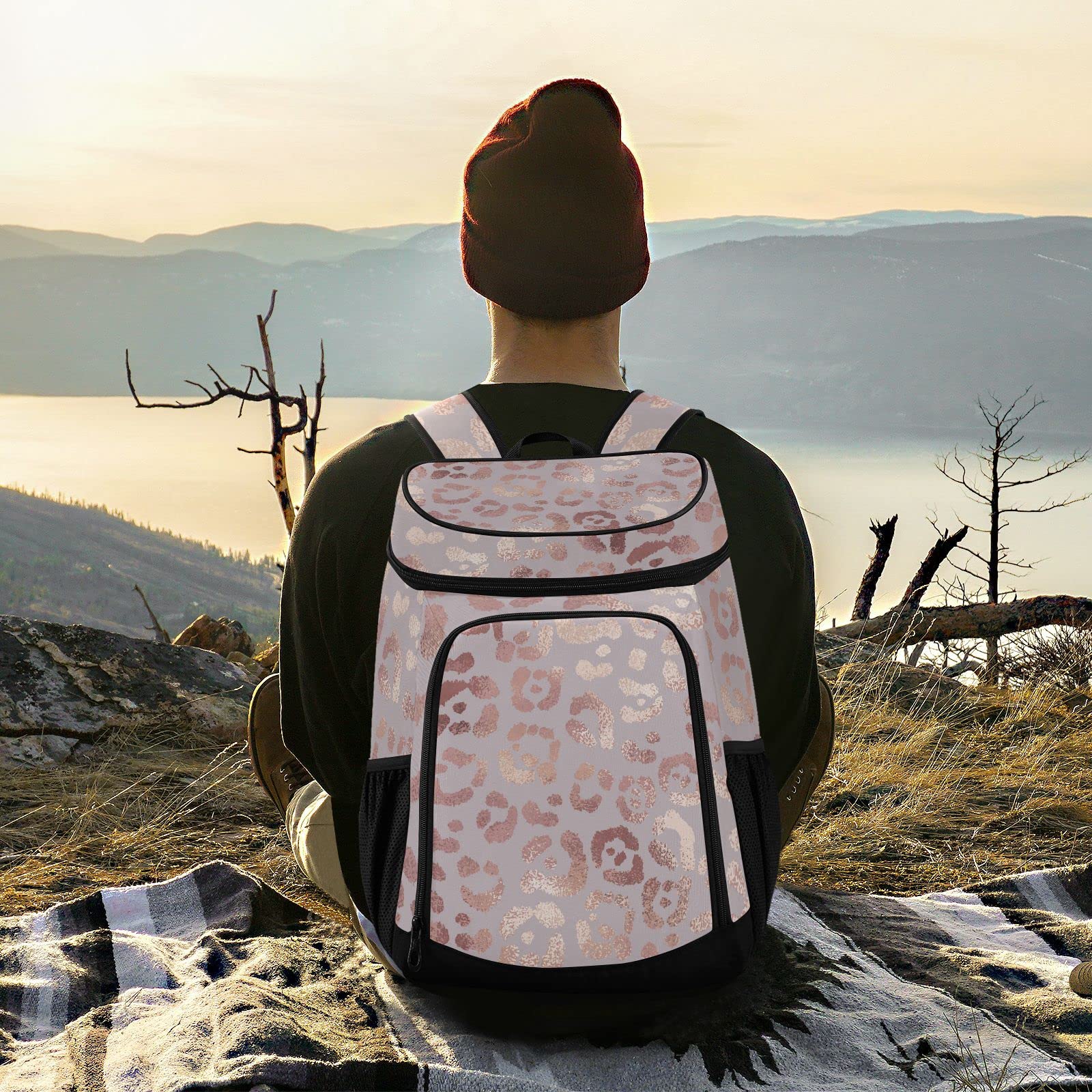 Rose Gold Leopard Insulated Cooler Backpack for Women & Men - Heavy Duty Lunch Box for Work, Hiking, Camping, Picnic, Beach & Outdoor Adventures
