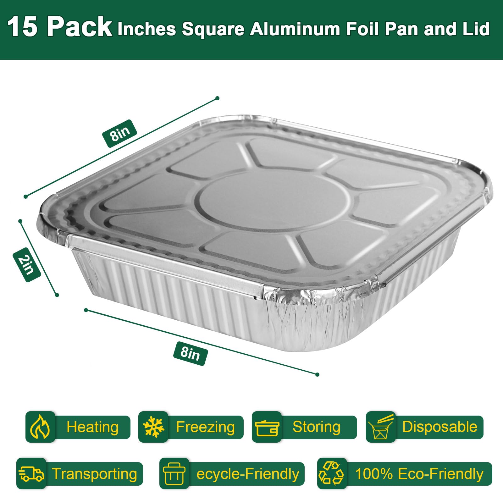 8x8 Inch Disposable Aluminum Foil Pans with Lids (15 Pack) - Heavy-Duty Baking Trays for Air Fryer, Oven, Microwave - Reusable & Leakproof Design - Perfect for Meal Prep, Party Serving & Holiday Cooking