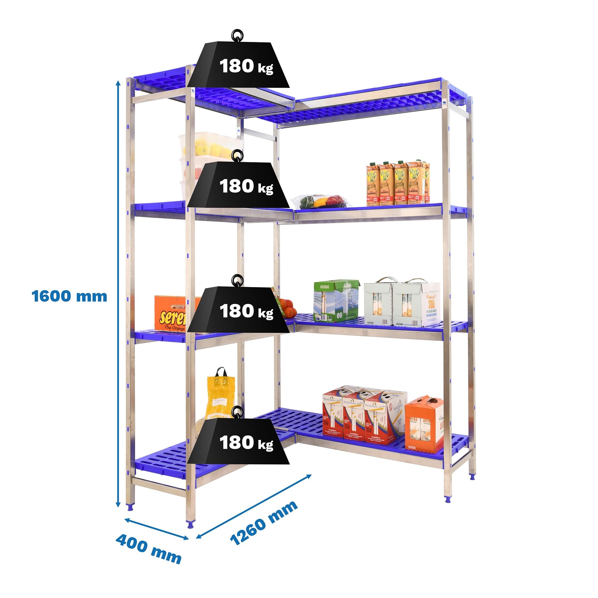 Stainless Steel Corner Shelf - Simoninox, 1600x1260x400mm, 180kg Capacity, 4 Shelves for Kitchen & Industrial Use