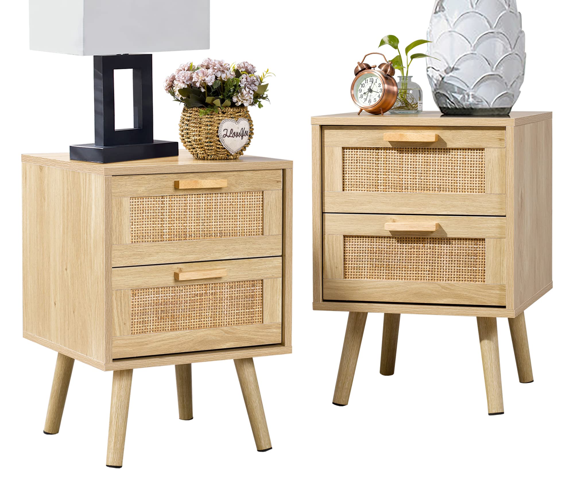 Finnhomy Nightstand Set of 2 - Handmade Rattan Drawer Side Tables with Wood Accent, Natural Bedroom End Tables with Storage | Perfect for Bedroom, Living Room & Guest Room Decor