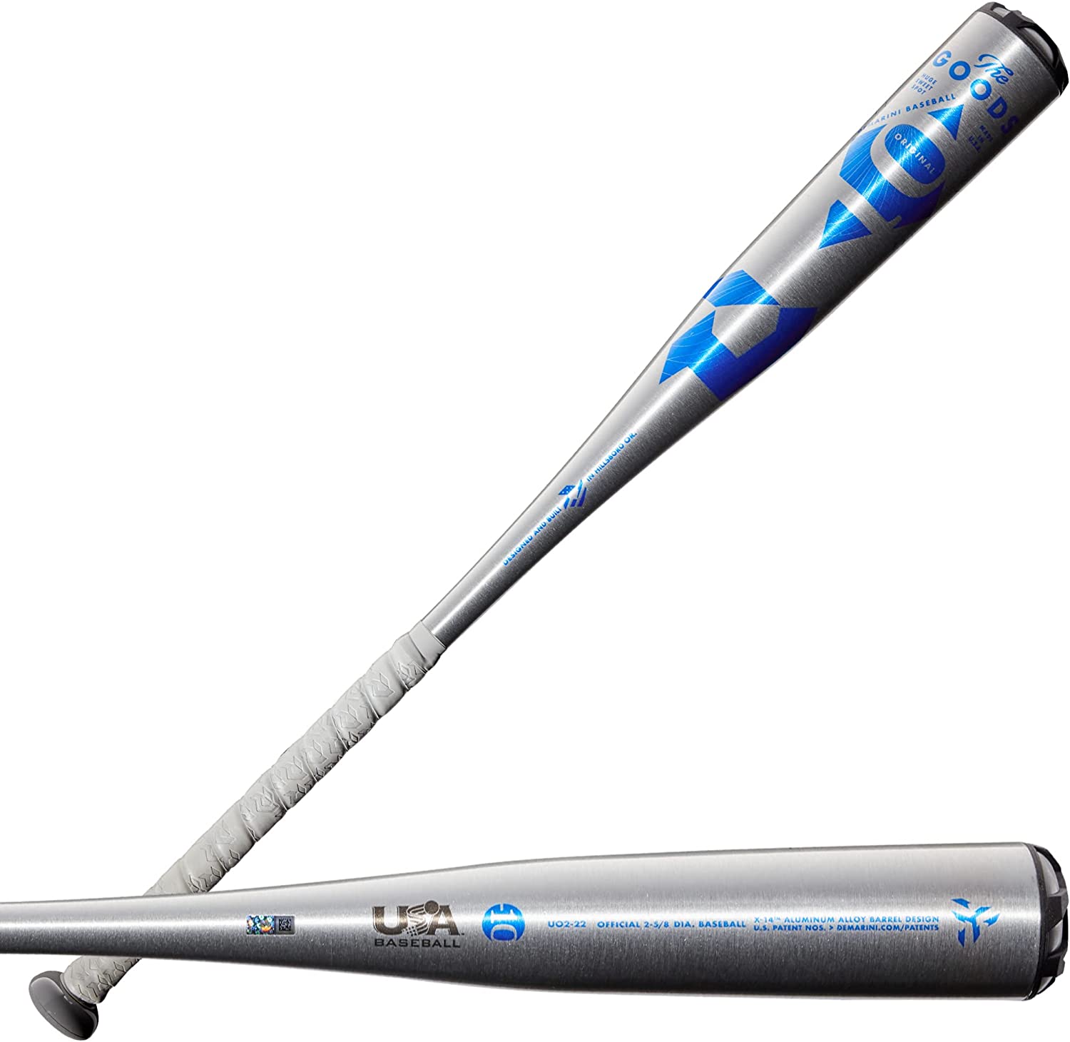2022 DeMarini The Goods (10) One Piece USA Baseball Bat - Silver/Blue 2 5/8