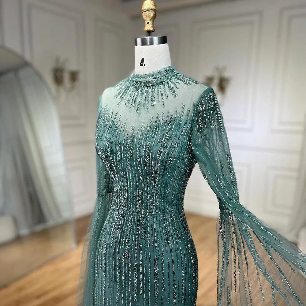 Elegant Arabic Turquoise Mermaid Evening Gown with Cape Sleeves & Beaded Split Design for Women - Perfect for Weddings, Parties & Special Occasions 2025 | LA72381