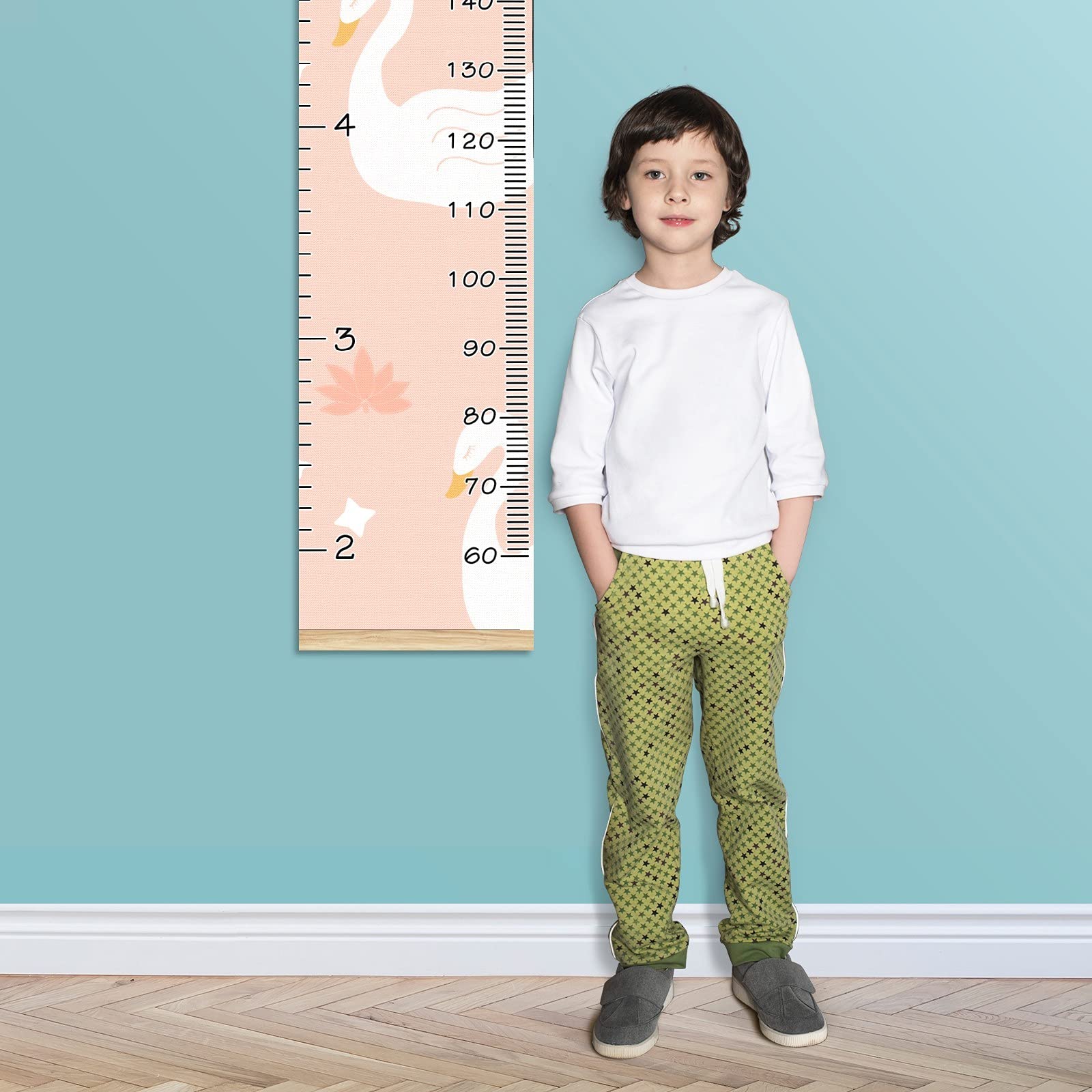 Wooden Growth Chart Ruler for Kids - 13.4x56 Inch Wall Mounted Height Measure with Linen Finish & White Swan Lily Lotus Design - Perfect Nursery Decor, Baby Room Wall Art, Toddler Growth Tracker for Bedrooms & Playrooms