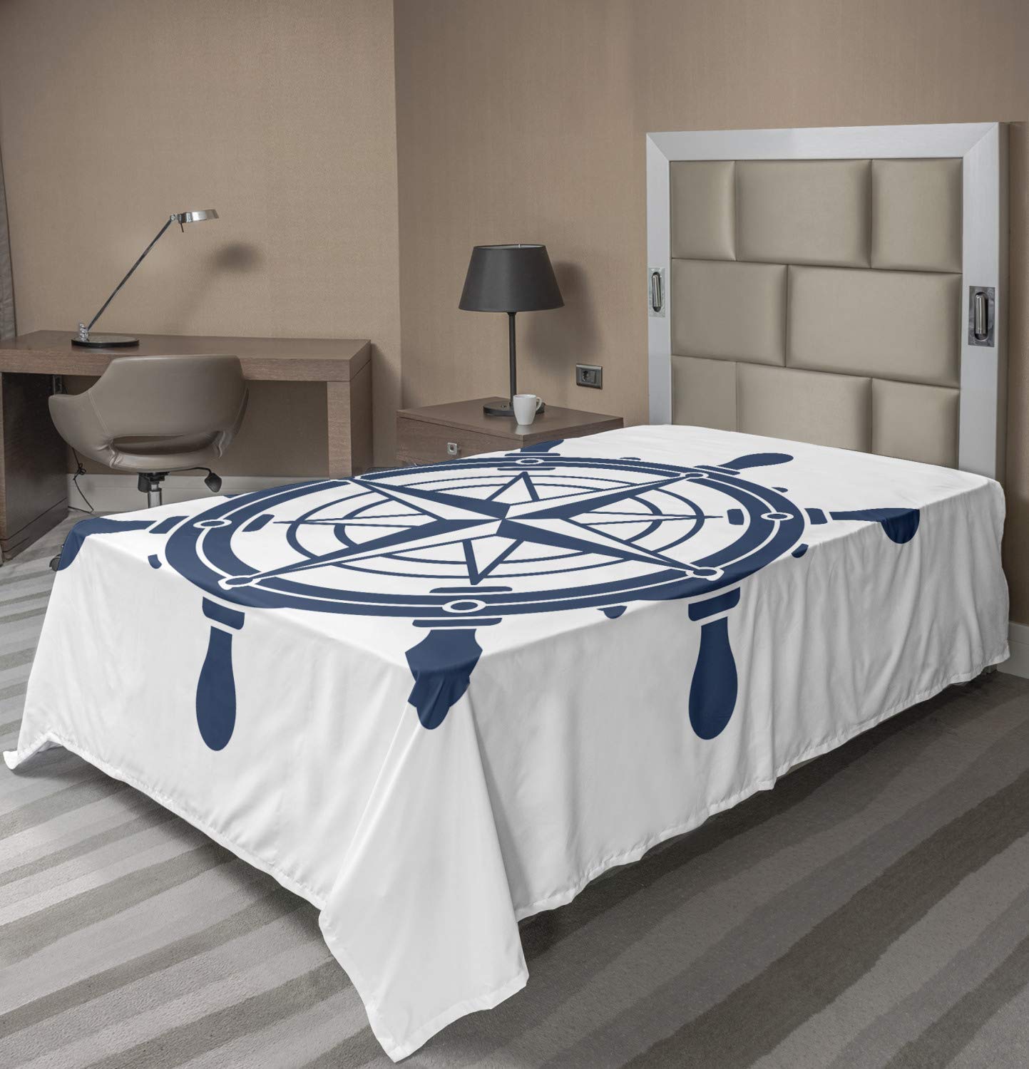 Ambesonne Vintage Nautical Tattoo Flat Sheet - Twin Size Dark Sky Blue & White | Steering Wheel Compass Pattern Soft Comfortable Top Sheet | Perfect for Coastal Bedrooms, Beach House Decor & Sailor Theme Bedding