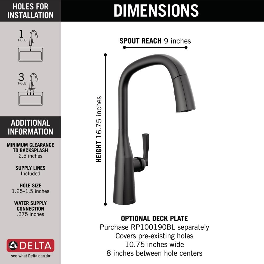 Delta Stryke Matte Black Kitchen Faucet with Pull Down Sprayer & Magnetic Docking - 9176-BL-DST | Modern Touchless Kitchen Sink Faucet for Easy Cooking & Dishwashing