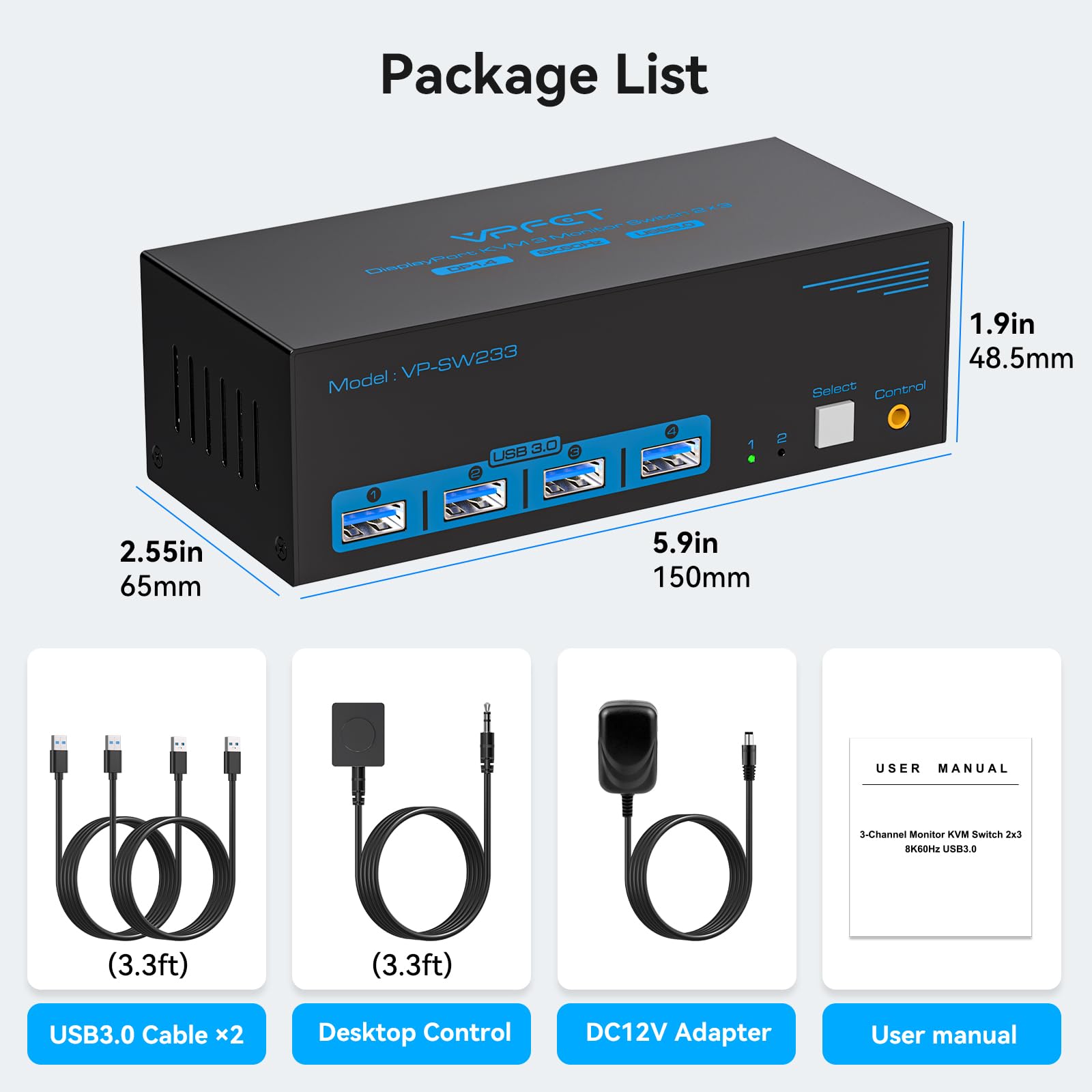 8K KVM Switch for 3 Monitors & 2 Computers - DisplayPort 1.4, 4K@120Hz, USB 3.0 Hub with 4 Ports - Supports Extended & Copy Mode - Includes 12V DC Adapter & 2 USB Cables - Perfect for Home Office, Gaming Setup & Multi-Device Workstations