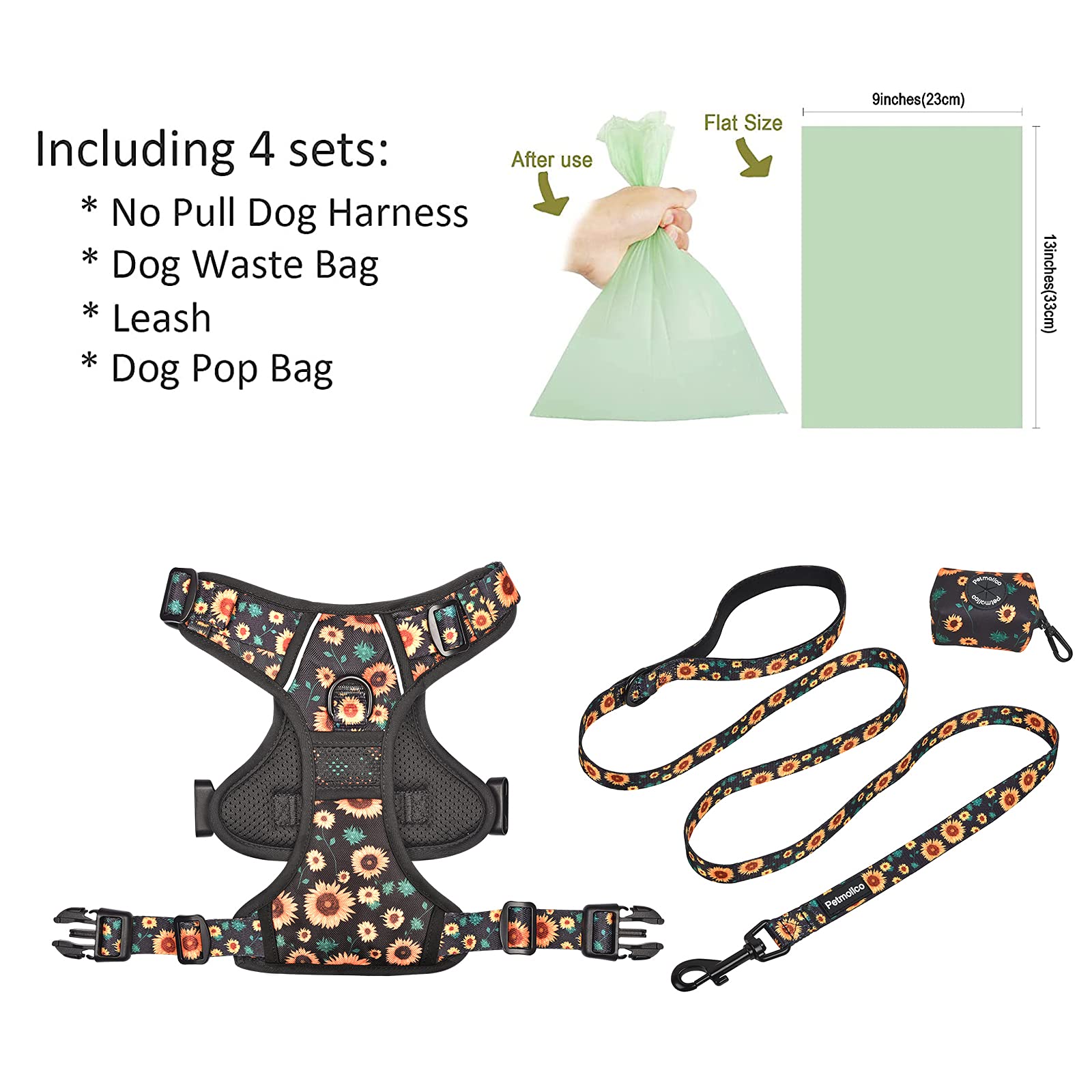 Petmolico No Pull Dog Harness Set with Leash - Reflective Adjustable Vest for Small Dogs & Puppies, Easy Control Handle & Poop Bag Holder - Sunflower Pattern - Perfect for Walking, Training & Outdoor Adventures
