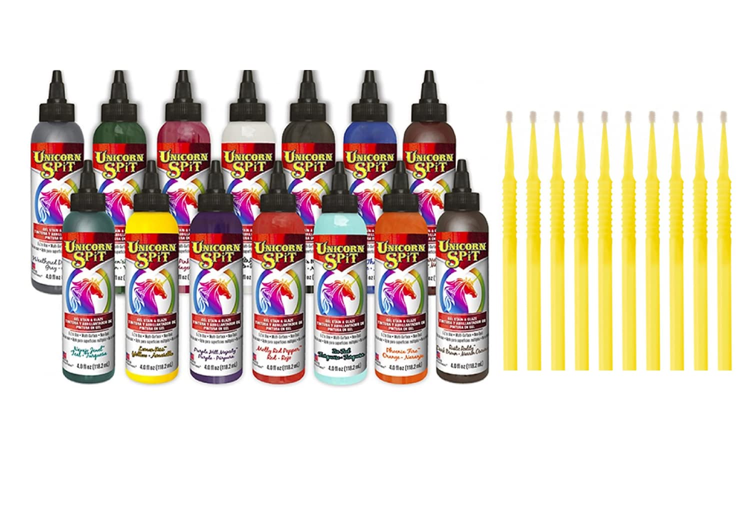 Unicorn SPiT Gel and Glaze Stain Complete Original Collection - 14 Bottles (4oz Each) with 10 Trebbies Fine Detail Sticks | Wood Staining, DIY Crafts, Furniture Restoration | Perfect for Home Decor, Art Projects & Upcycling