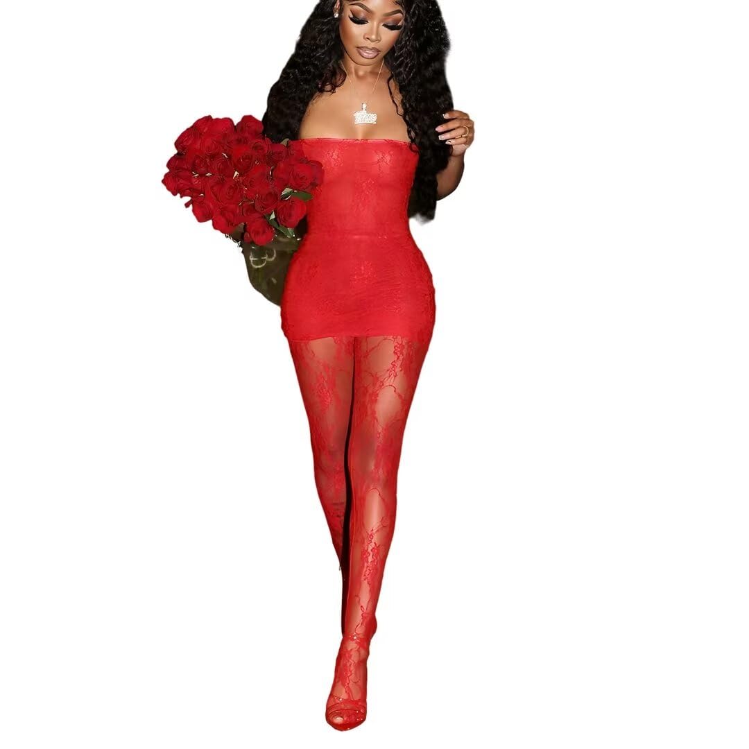 Kafiloe Sexy 2 Piece Outfits for Women - Lace Tube Top & Mini Dress with Stockings Set | Clubwear, Birthday Party Outfits | Perfect for Night Out, Bachelorette Party & Special Occasions