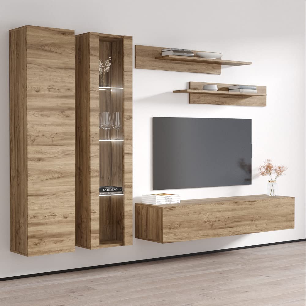 Modern Floating TV Stand with Storage Shelves & LED Lights - Wall Mounted Entertainment Center for Bedroom & Living Room - Oak Wood TV Console for 30-55 Inch TVs - Perfect for Small Spaces & Home Theater Setup