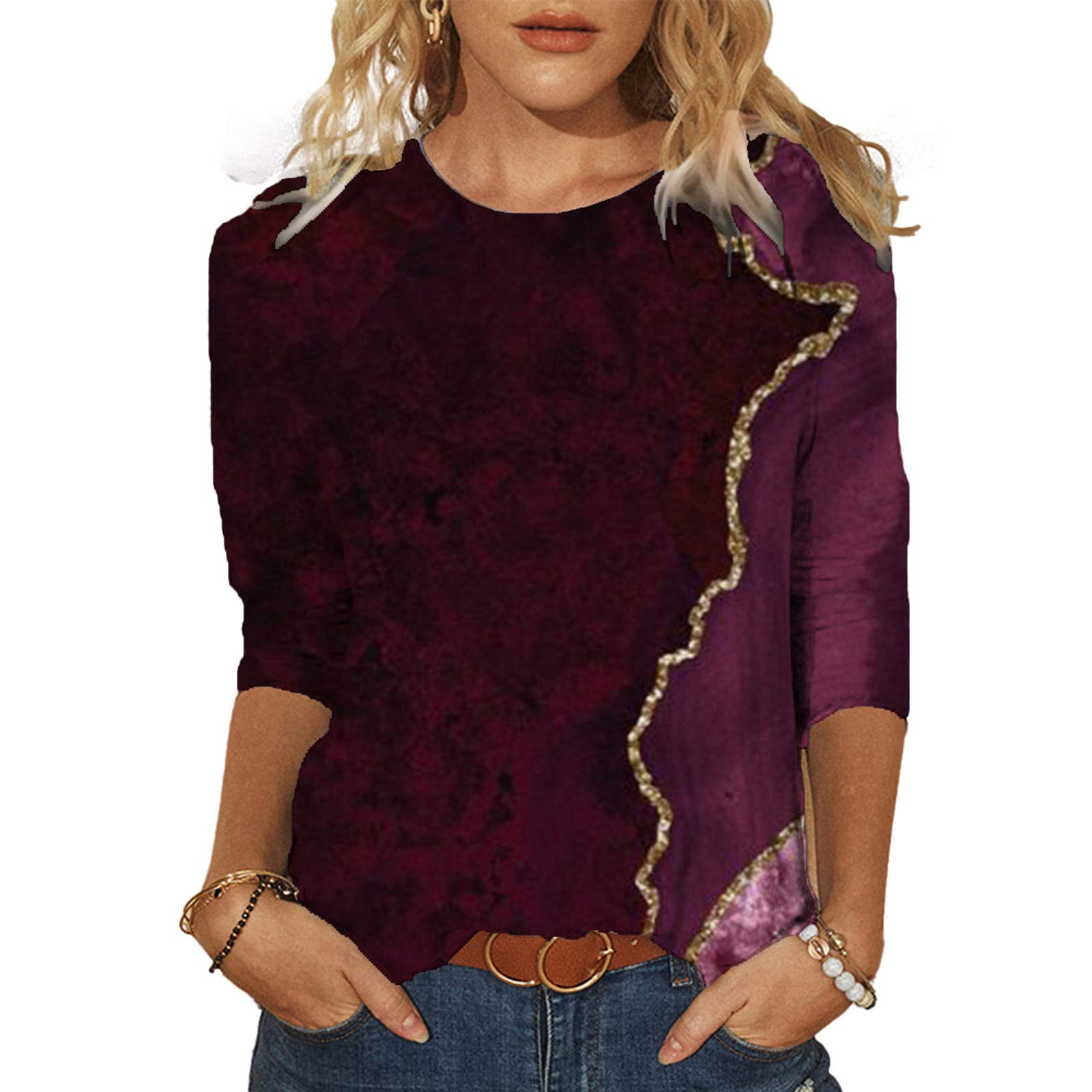 AOKASII Women's Color Block Long Sleeve Round Neck T-Shirt Blouse - Casual Sweatshirt Tops for Women | Perfect for Work, Office, and Everyday Wear