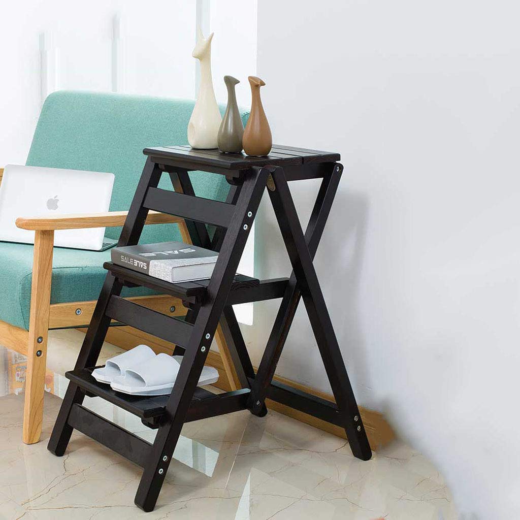 NEVKA Natural Wood Folding Step Stool with Ladder - 3 Step Portable Stool Chair, Bookshelf, and Home Ladder - 150kg Weight Capacity (Black) - Perfect for Home, Office, and Library Use