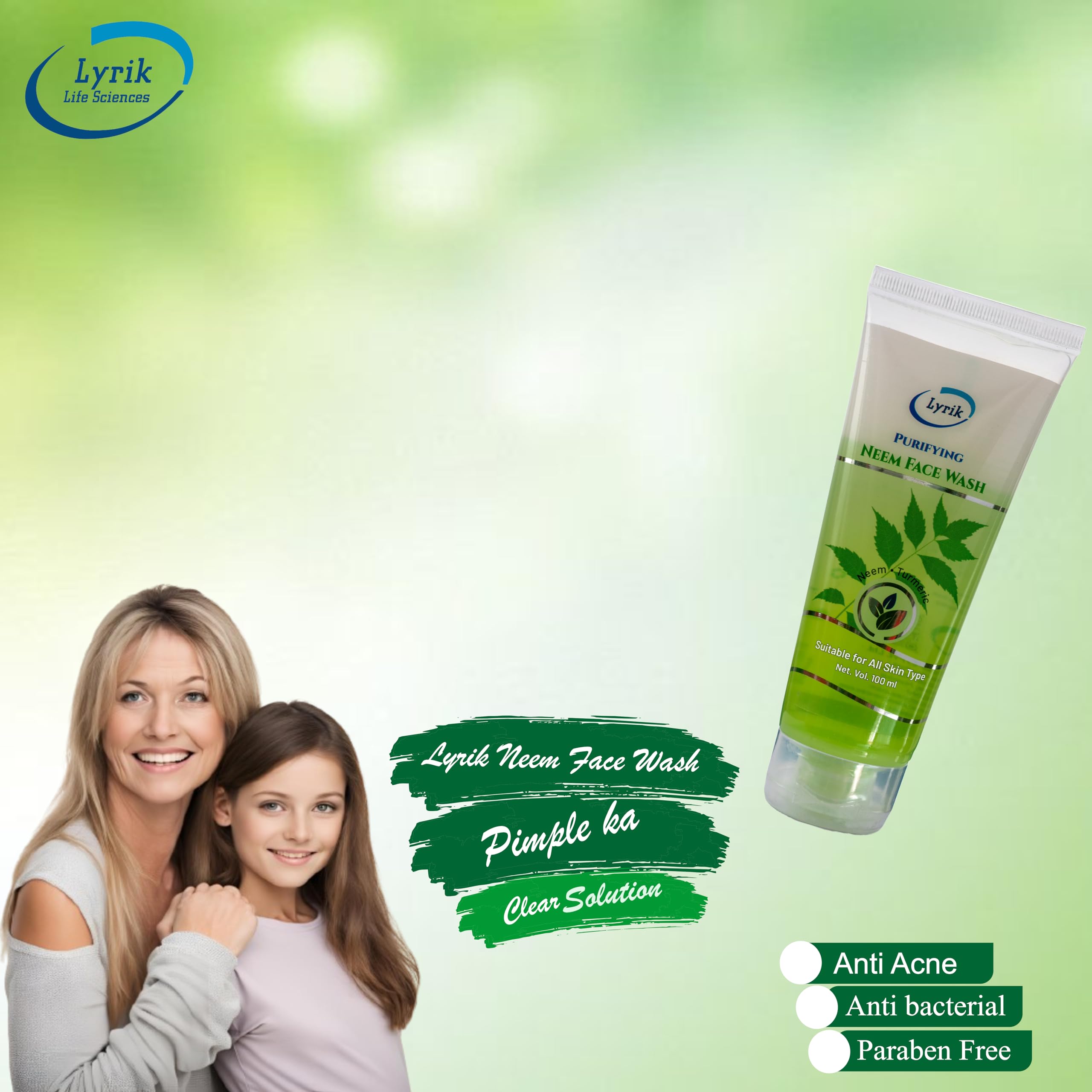 Lyrik Life Sciences Purifying Neem Face Wash for Oily & Acne-Prone Skin - Ayurvedic Cleanser with Natural Ingredients for Pimple & Oil Control, Glowing Skin (100ml) | Gentle Daily Facial Wash for Men & Women | Perfect for Morning & Night Skincare Routine