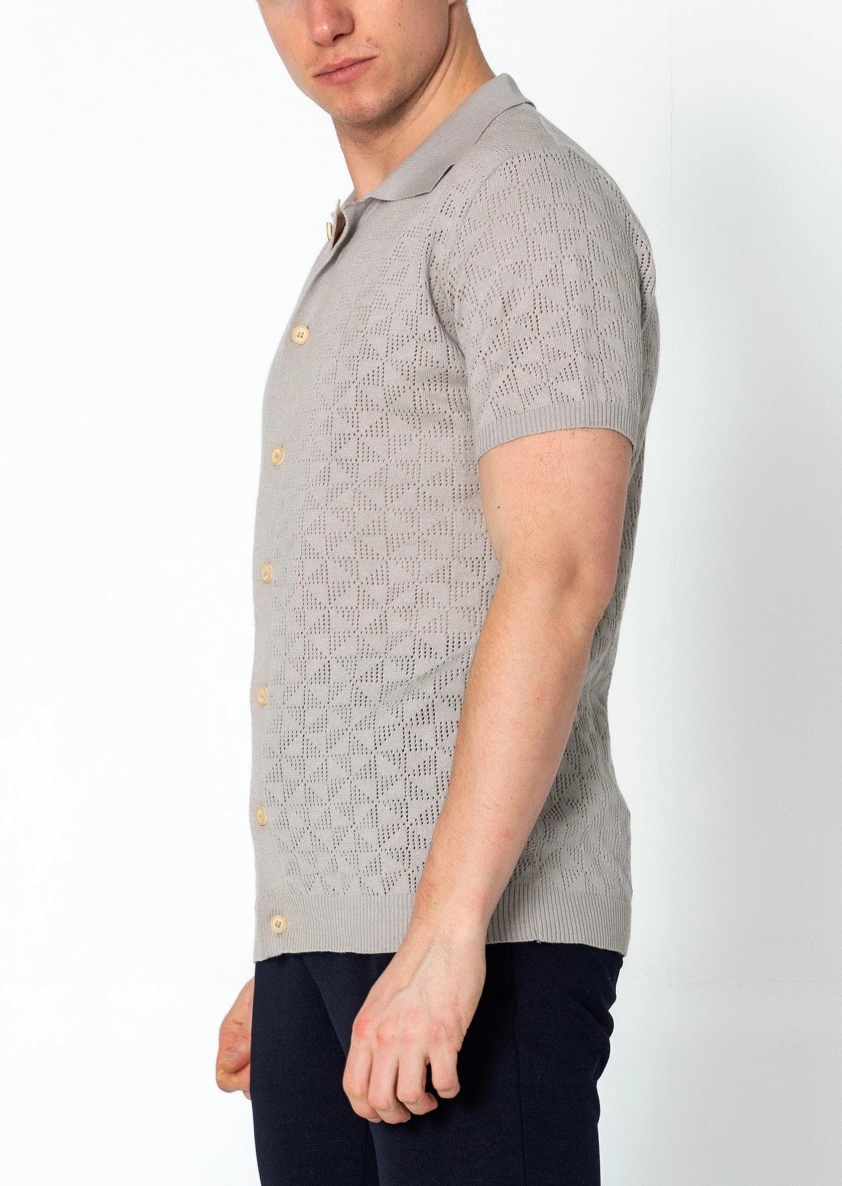 Geometric Crochet Polo Shirt for Men - Trendy Grey Knit Cotton Top for Casual Wear & Summer Outfits
