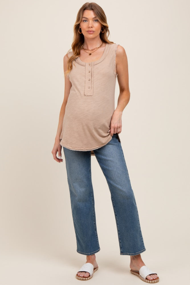 Beige Raw Hem Button Detail Sleeveless Maternity Top for Women - Comfortable Pregnancy Blouse for Casual Wear & Nursing