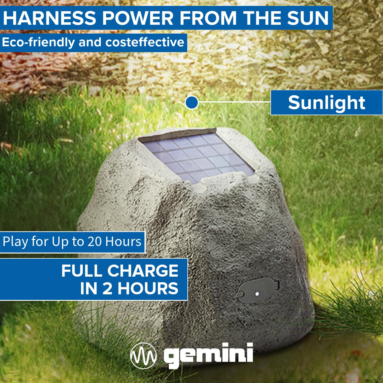 Gemini Sound GHRK-500LTMS-PR: Solar-Powered Bluetooth Rock Speakers - Wireless Outdoor Speakers with Multi-Link, Weatherproof Design & LED Lights for Pool Party, Garden, Patio & Backyard Entertainment