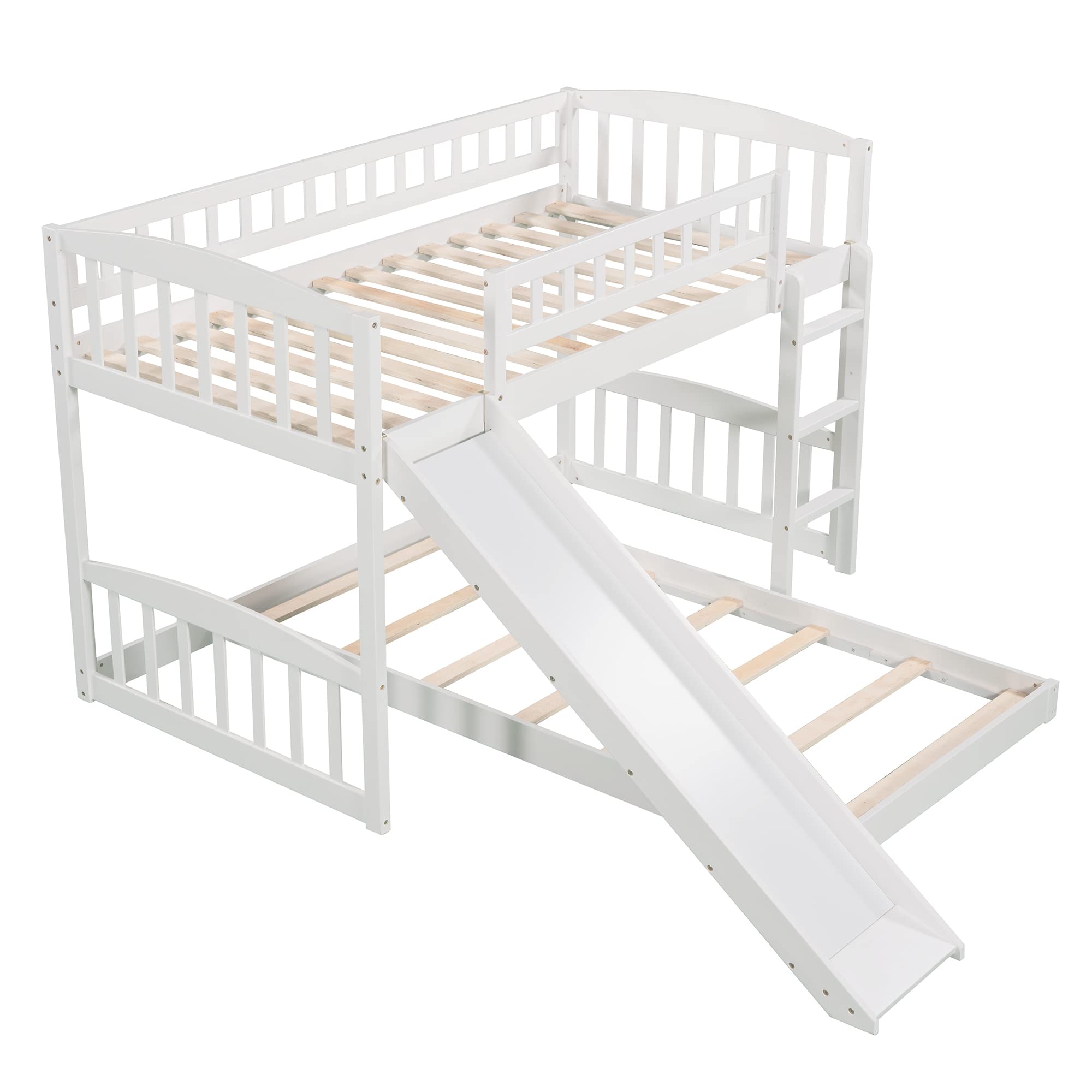 Harper & Bright Designs Twin Over Twin Bunk Bed with Slide - Low Loft Bed Frame for Kids, Boys, Girls & Teens - White | Perfect for Small Bedrooms, Playrooms & Sleepovers