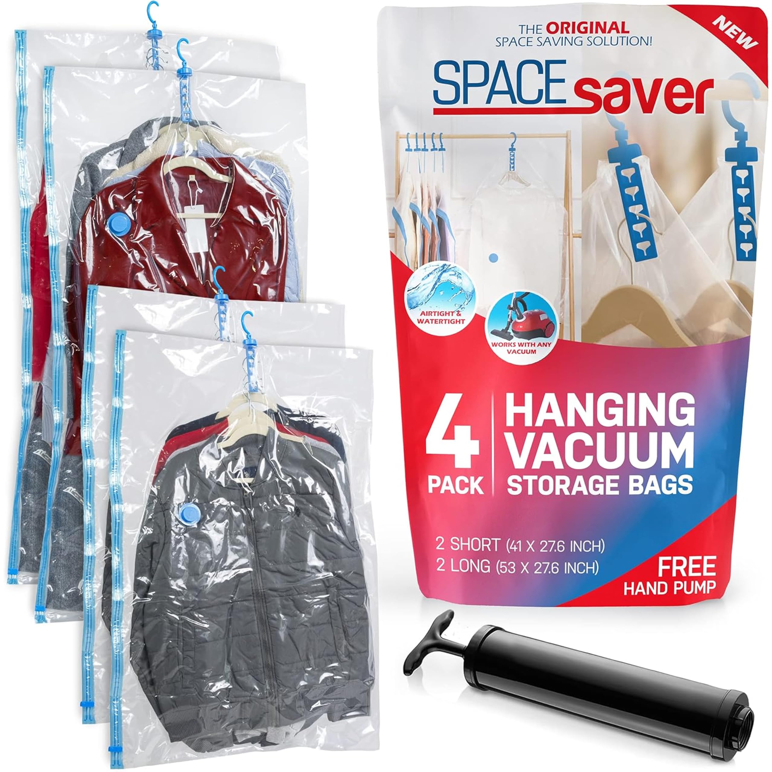 Vacuum Storage Bags for Clothes - 4 Pack Space Saver Hanging Garment Bags for Coats, Jackets, Dresses & Suits | Closet Organizer, Sealed Storage Bags | Perfect for Travel, Seasonal Storage & Small Space Organization