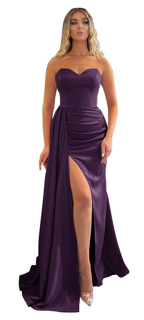 Elegant Mermaid Prom Dresses 2024 - Strapless Satin Formal Gown with High Slit & Train | Women's Evening Dress for Bridesmaid, Homecoming, Wedding & Special Occasions