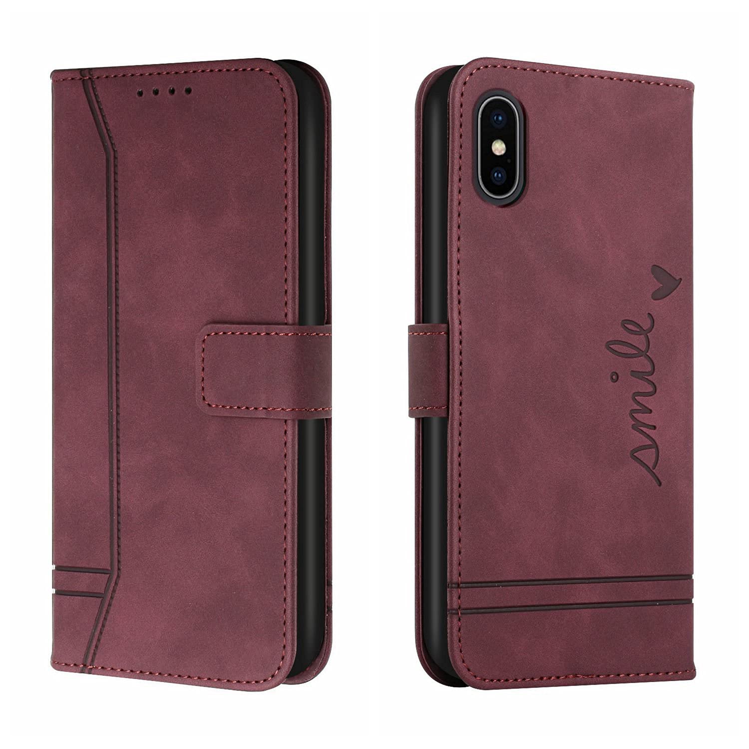 Premium Ultra Thin PU Leather Flip Cover Case for iPhone Xs Max with Magnetic Closure, Kickstand & Card Slots - Wine Red | Perfect for Work, Travel & Everyday Protection