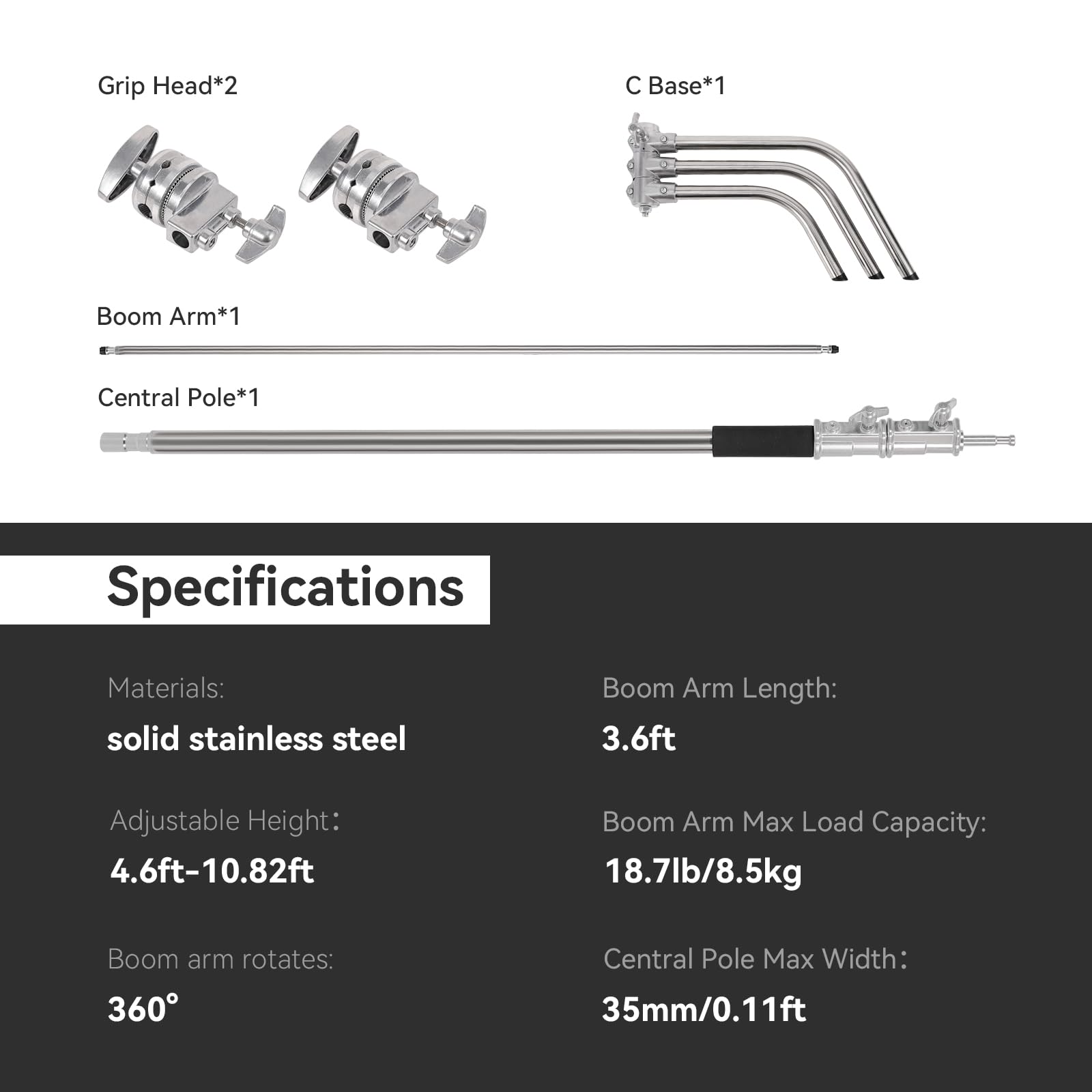 Professional C Stand with Boom Arm - 10.82ft/330cm Heavy Duty Stainless Steel Photography Light Stand, 3.6ft/110cm Adjustable Boom Arm for Studio Strobe Lights, Softboxes & Reflectors - Perfect for Photography, Videography & Film Production
