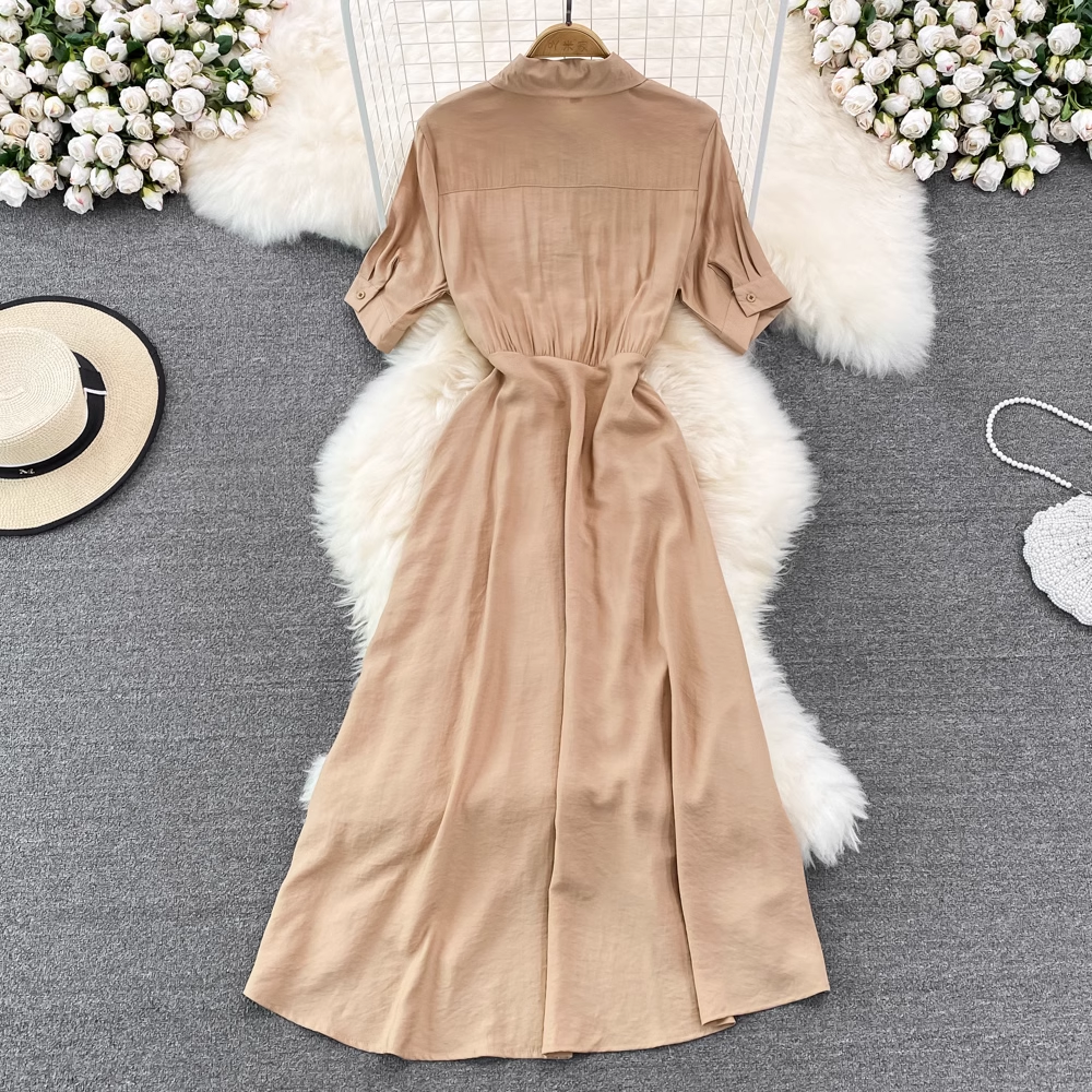 Stylish A-Line Denim Skirt for Women - Mid-Length Button Down Shirt Dress with Pockets | Casual Office Wear, Weekend Outfits & Spring Summer Fashion