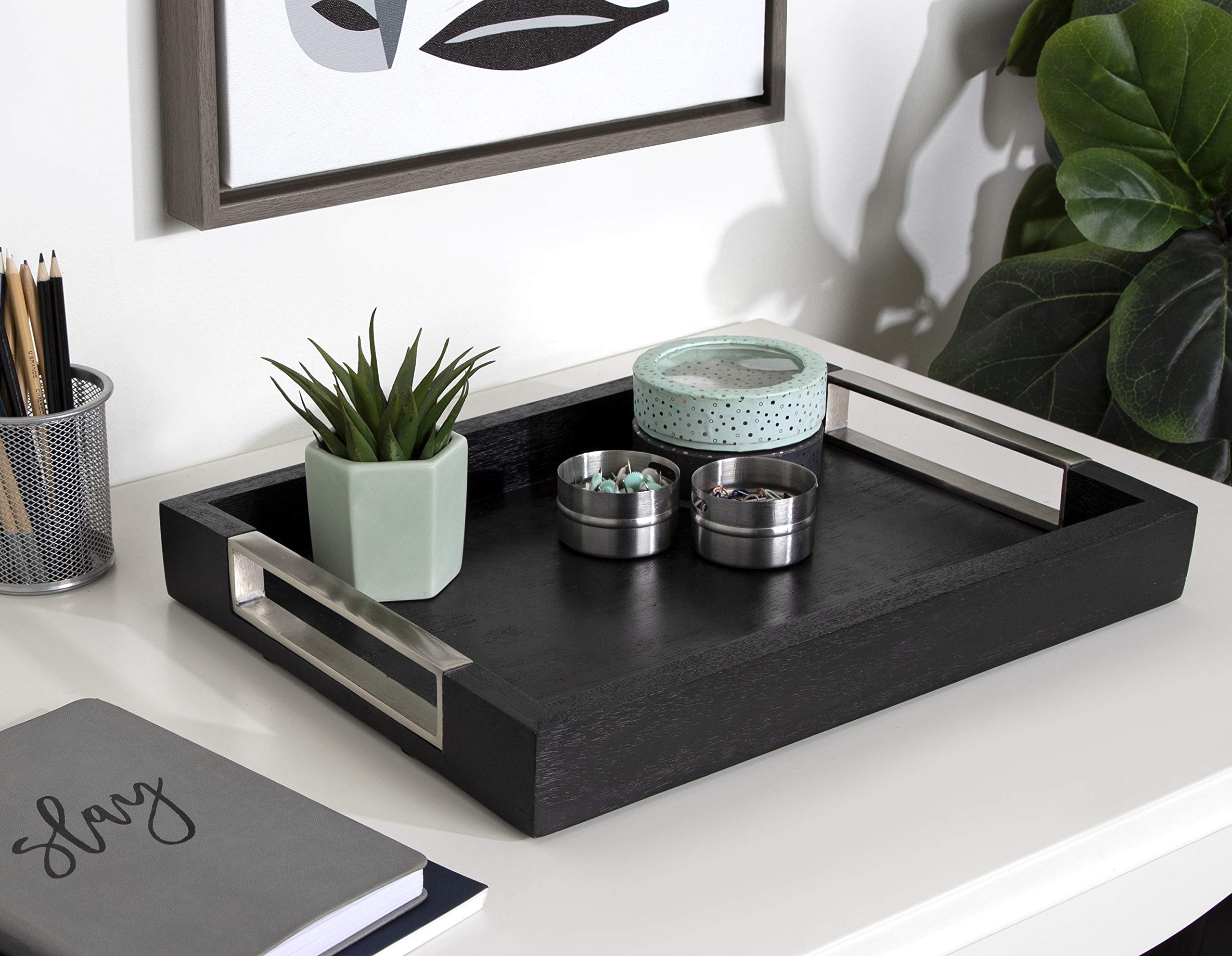 Kate & Laurel Heller Modern Black Wooden Tray - 12x16 Inch Rectangular Storage & Display Tray - Perfect for Home Decor, Coffee Table Centerpiece, and Organization