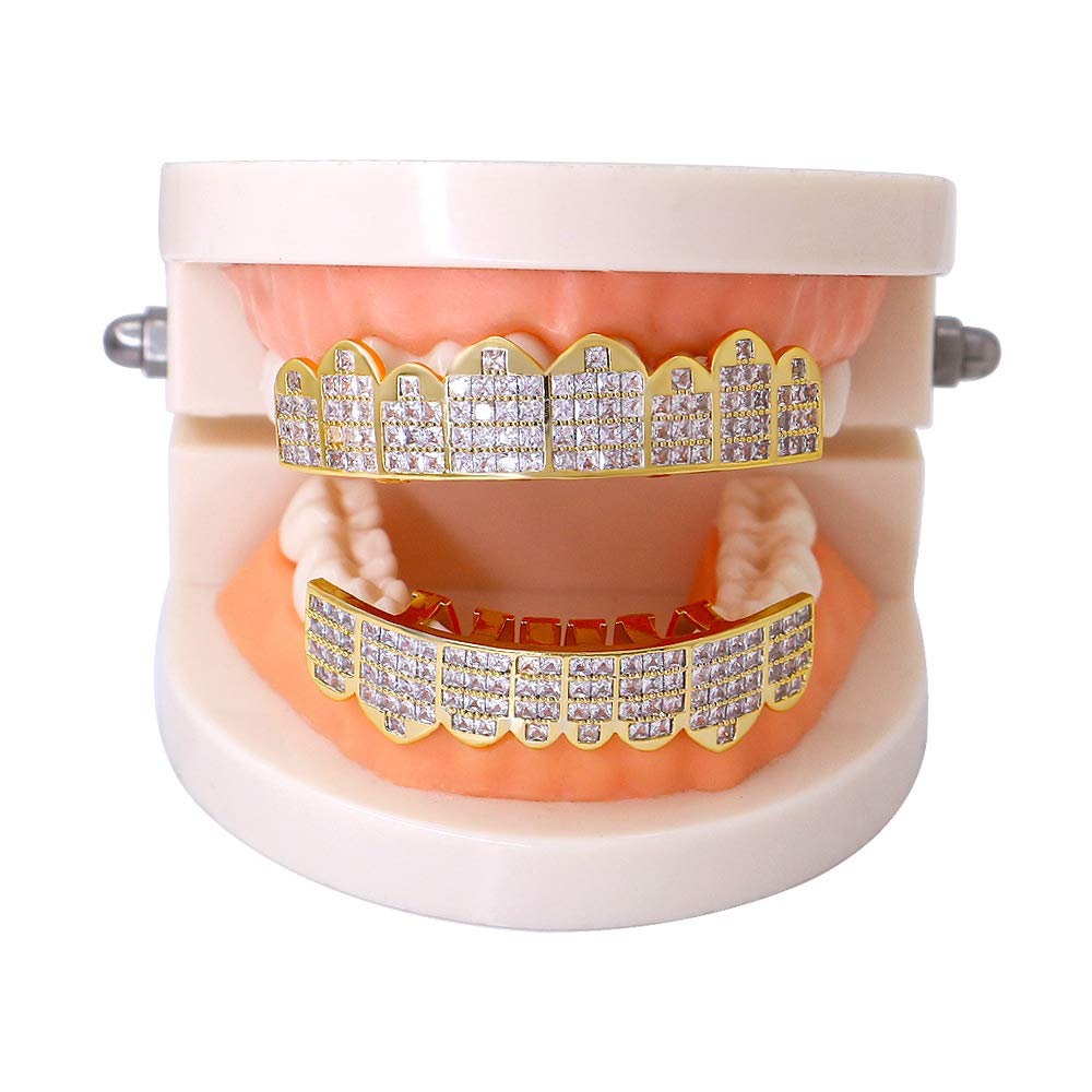Diamond Pave CZ Gold & Silver Grillz for Men & Women - Square Hip Hop Teeth Jewelry for Parties, Concerts & Special Events