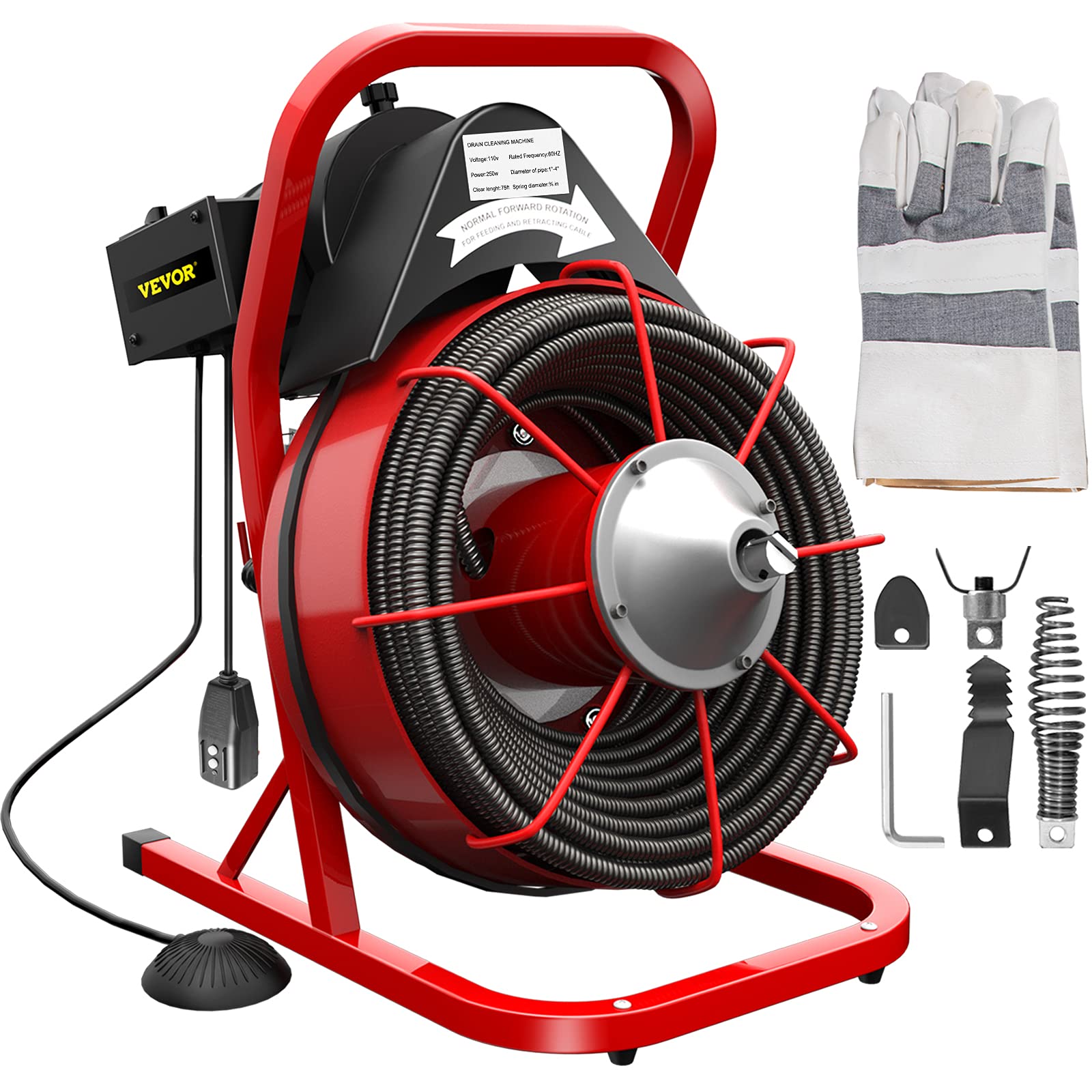 VEVOR Electric Drain Cleaner Machine - 75 Ft x 3/8 Inch Drain Snake for 1-4 Inch Pipes, Portable Plumbing Tool with 4 Cutters | Clog Remover for Kitchen Sink, Shower, Bathtub & Toilet Drain Cleaning