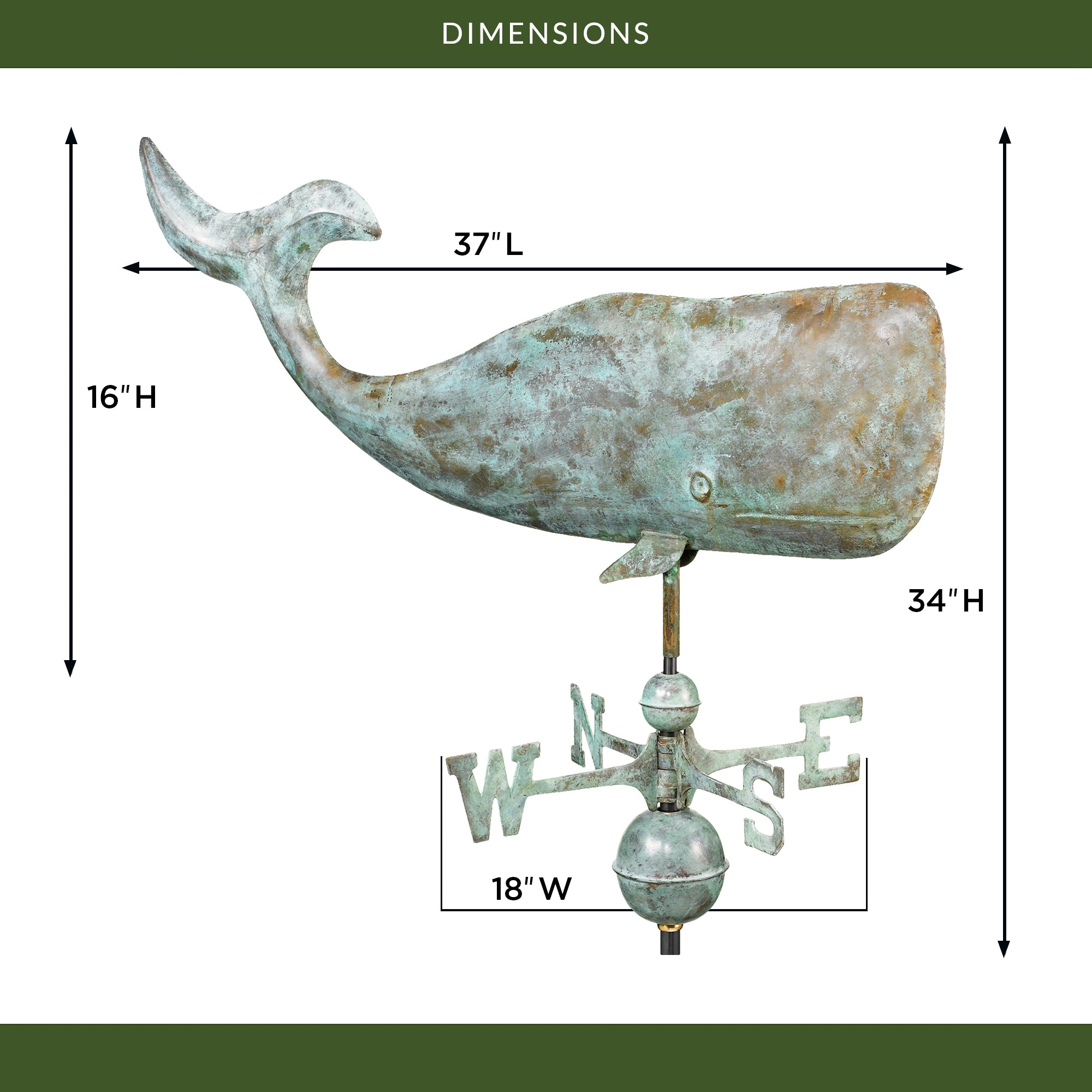 Large 37-Inch Whale Weather Vane for Outdoor Garden Decoration - Rustproof Metal Roof Mount Weathervane for Yard, Farmhouse, or Coastal Home Decor