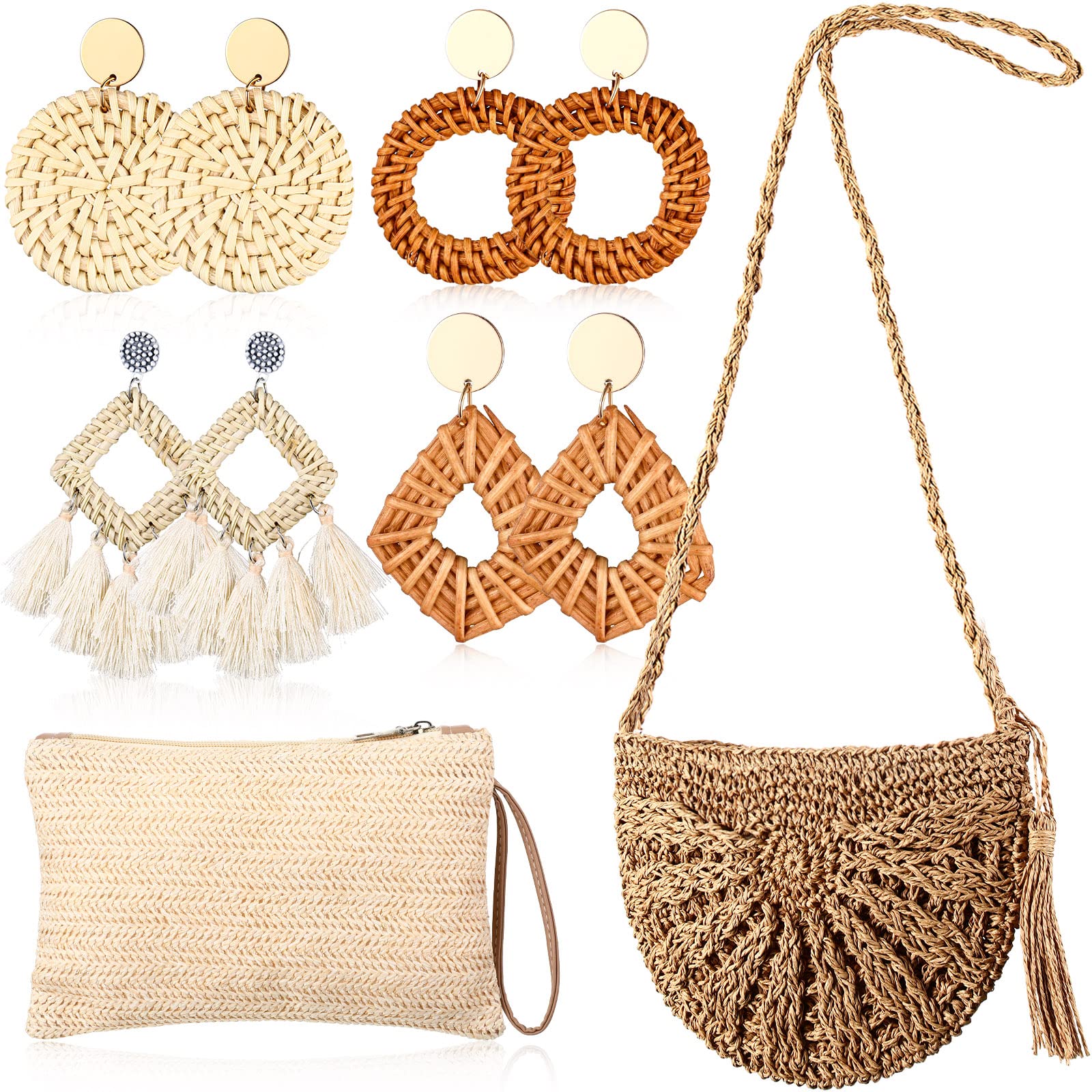 2 Pack Women's Straw Clutch & Crossbody Bag Set with 4 Pairs Bohemian Rattan Earrings - Perfect for Beach Vacation, Summer Outfits, and Boho Fashion Accessories