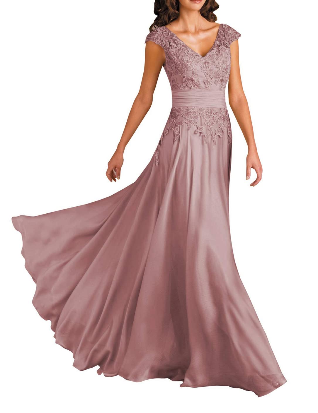 Elegant Short Sleeve Lace V-Neck Chiffon Mother of The Bride Dress - Formal Wedding Guest Evening Gown for Special Occasions, Parties & Celebrations