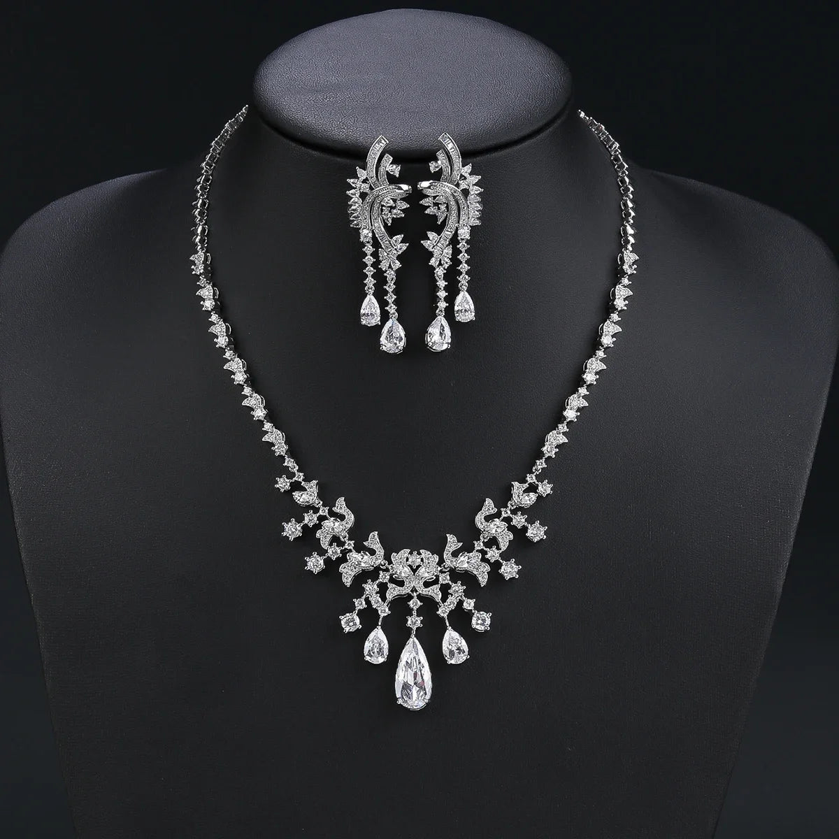 Luxury Cubic Zirconia Droplet Tassel Necklace Set for Women - Elegant Wedding Jewelry, Bridal Party Accessories, Dubai Style White Zirconia Pendant - Perfect for Weddings, Anniversaries & Special Occasions