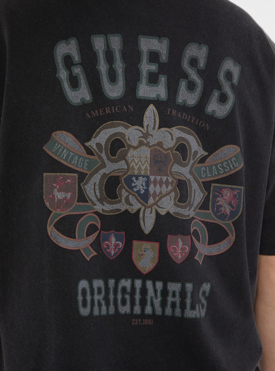 Guess Originals Black Varsity Graphic T-Shirt for Men - Vintage Style Cotton Tee with Bold Lettering - Perfect for Casual Wear, Street Style & Everyday Outfits