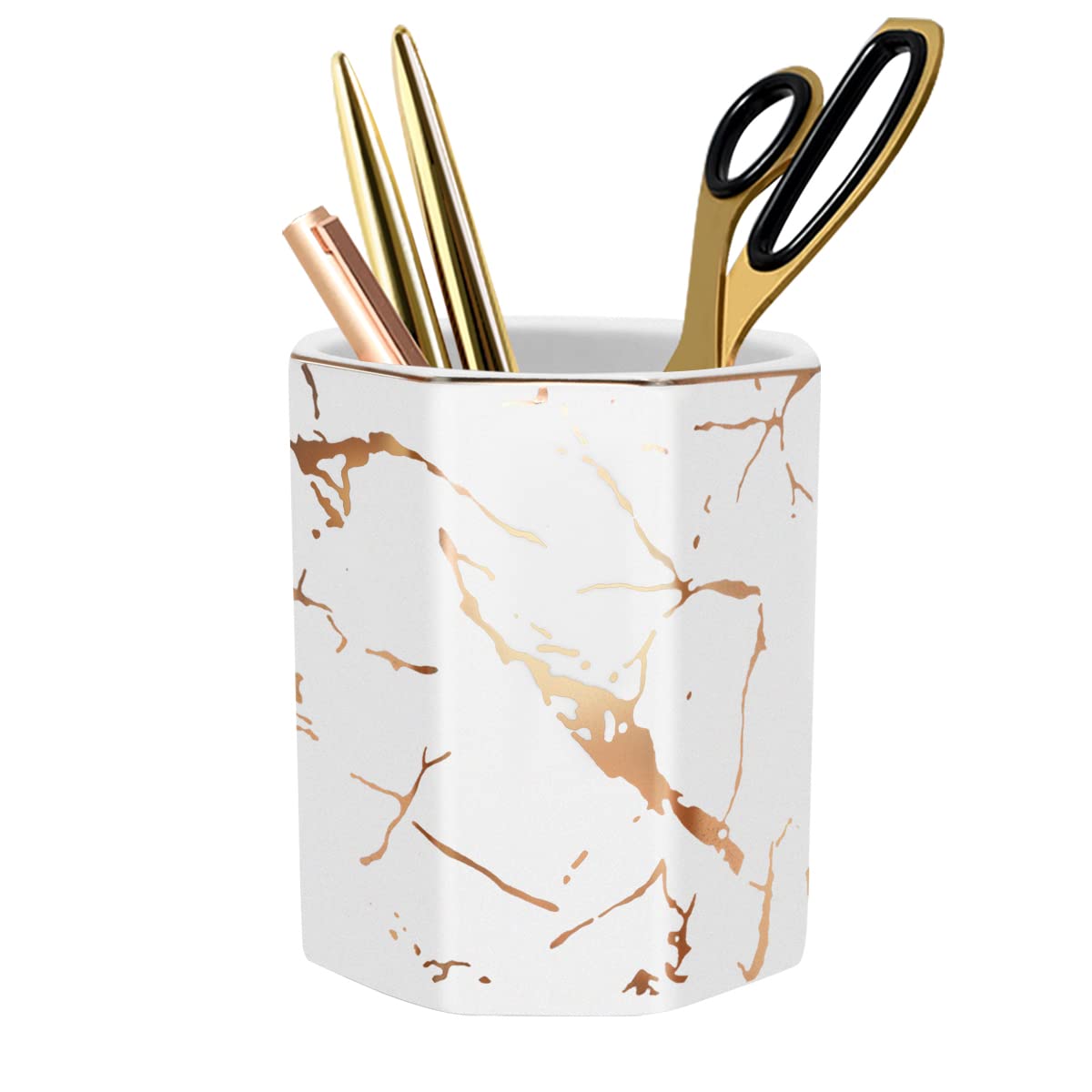 WAVEYU Marble Pattern Ceramic Makeup Brush & Pen Holder - Large Capacity Desk Organizer for Home, Office, Kids Room | Durable Pencil Cup for Cosmetics, Stationery, Art Supplies (White)