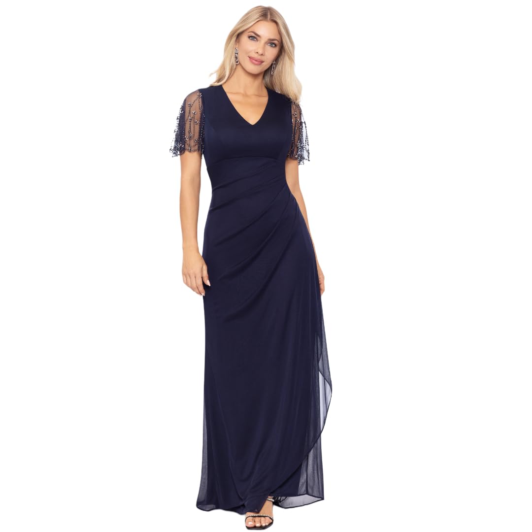 Xscape Women's Sheer Matte Jersey Maxi Dress with Beaded Sleeves & Side Ruching - Elegant Boho Chic Dress for Summer Beach Parties, Weddings & Special Occasions