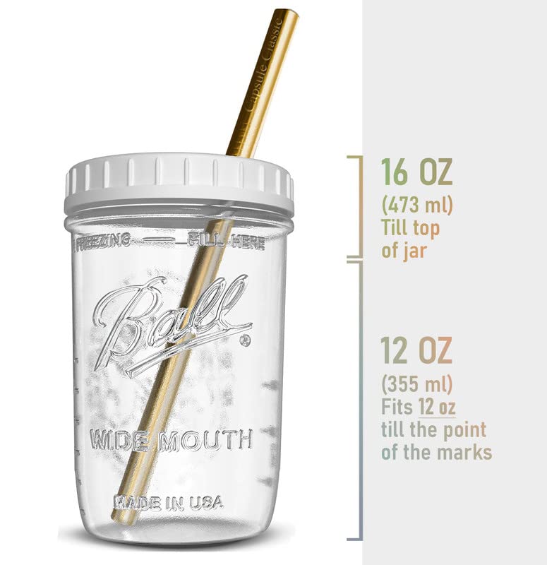 Reusable 16 oz Wide Mouth Mason Jars Glass Cups for Smoothies, Boba Tea & Bubble Tea - 2 Pack with Lids & Gold Straws | Perfect for Home, Office & Cafe Use | Capsule Classic Brand