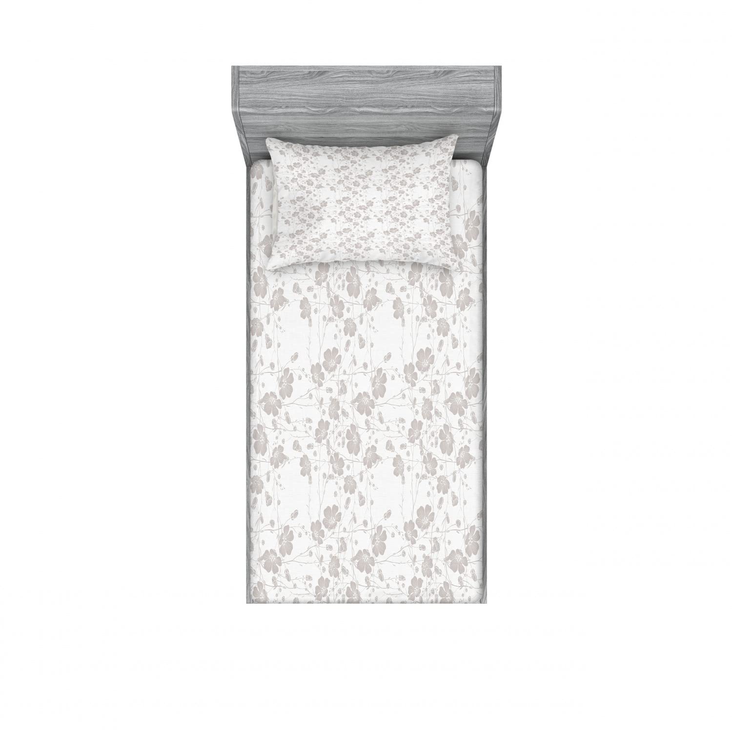 Ambesonne 2-Piece Twin Fitted Sheet Set with 2 Pillow Shams - Floral Botanical Bedding in Pale Grey for Romantic Home Decor | Perfect for Guest Rooms, Dorms & Cozy Bedroom Makeovers