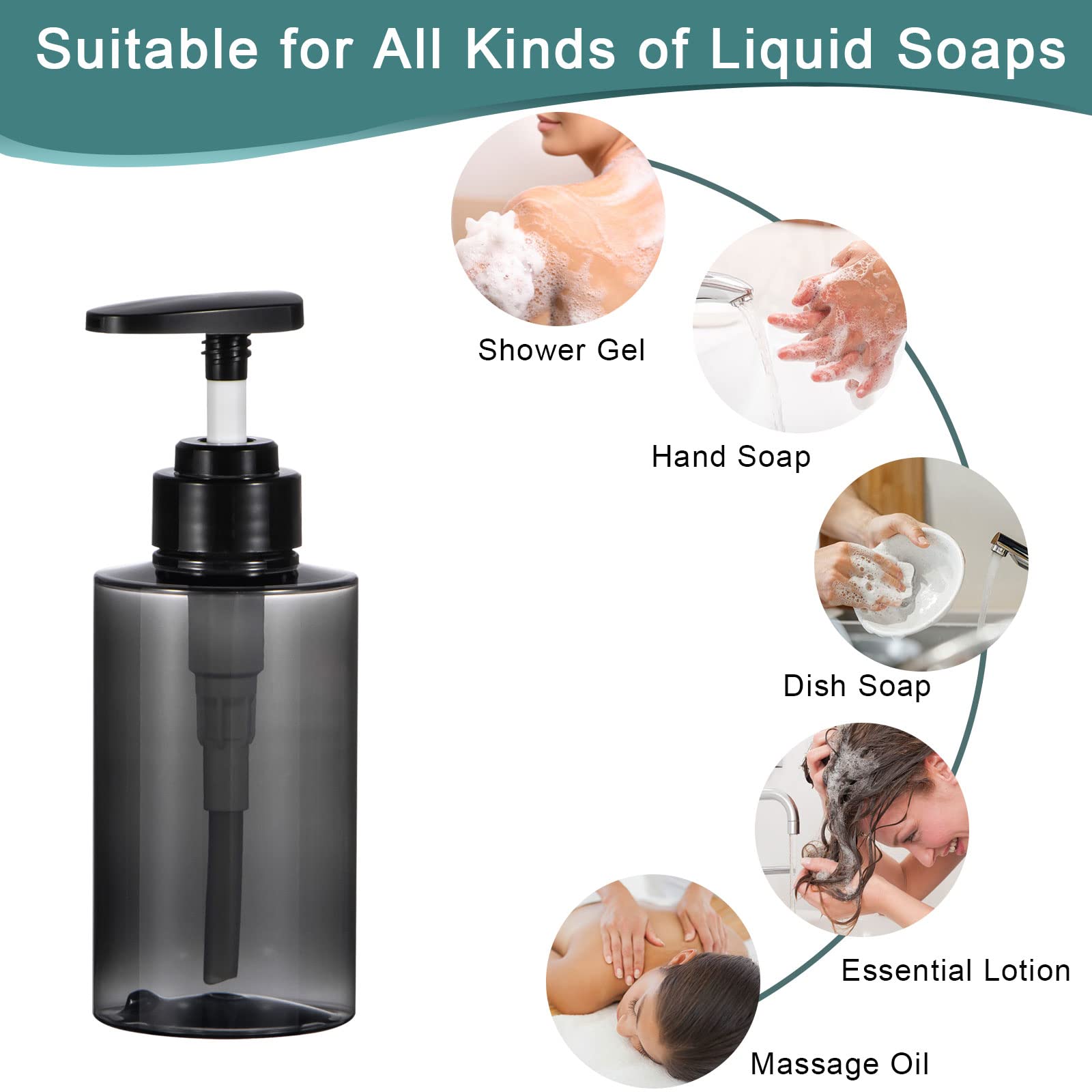 Yebeauty 2 Pack 10oz (300ml) Empty Refillable Shampoo Bottles with Pump - Clear Grey Squeeze Lotion Dispenser for Shower, Bathroom, Travel | Perfect for Shampoo, Conditioner, Body Wash & Liquid Soap Storage