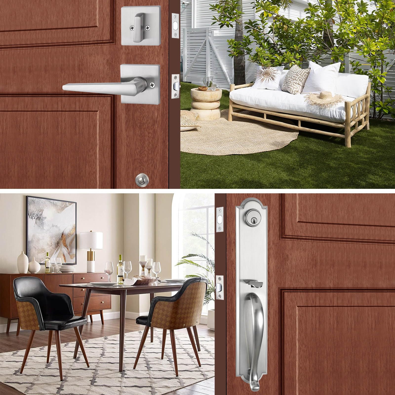 Front Door Handle Double Door Lock Set with Camelot Trim in Satin Nickel - Secure Entry Handle with Deadbolt & Lever (X-2018SET) for Home, Office & Commercial Buildings
