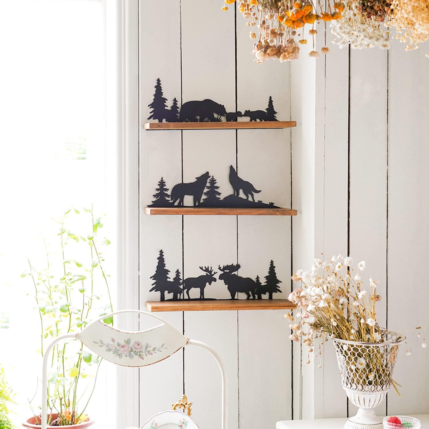 SOFFEE DESIGN Set of 3 Forest Themed Floating Shelves - Wooden Wall Decor with Metal Bear, Wolf & Deer Pine Pattern (Black Finish) - Perfect for Living Room, Bedroom or Nursery Decoration