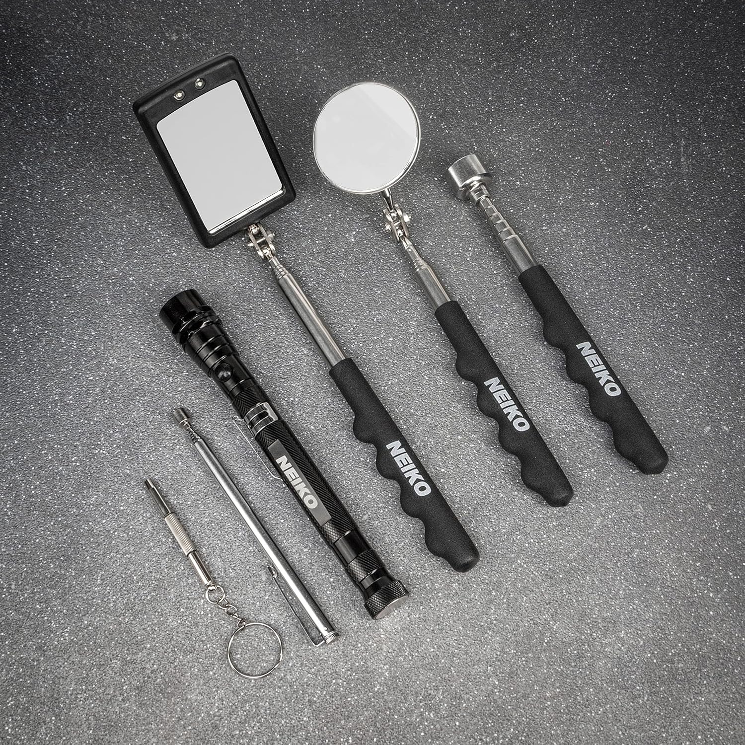 NEIKO 20736A 6-Piece Magnetic Tool Set with Telescoping Mirror, Adjustable Pickup Tool, 15lb Retriever & Flashlight | 360° Swivel Magnet Mirror for Automotive Repair, HVAC, and DIY Home Maintenance